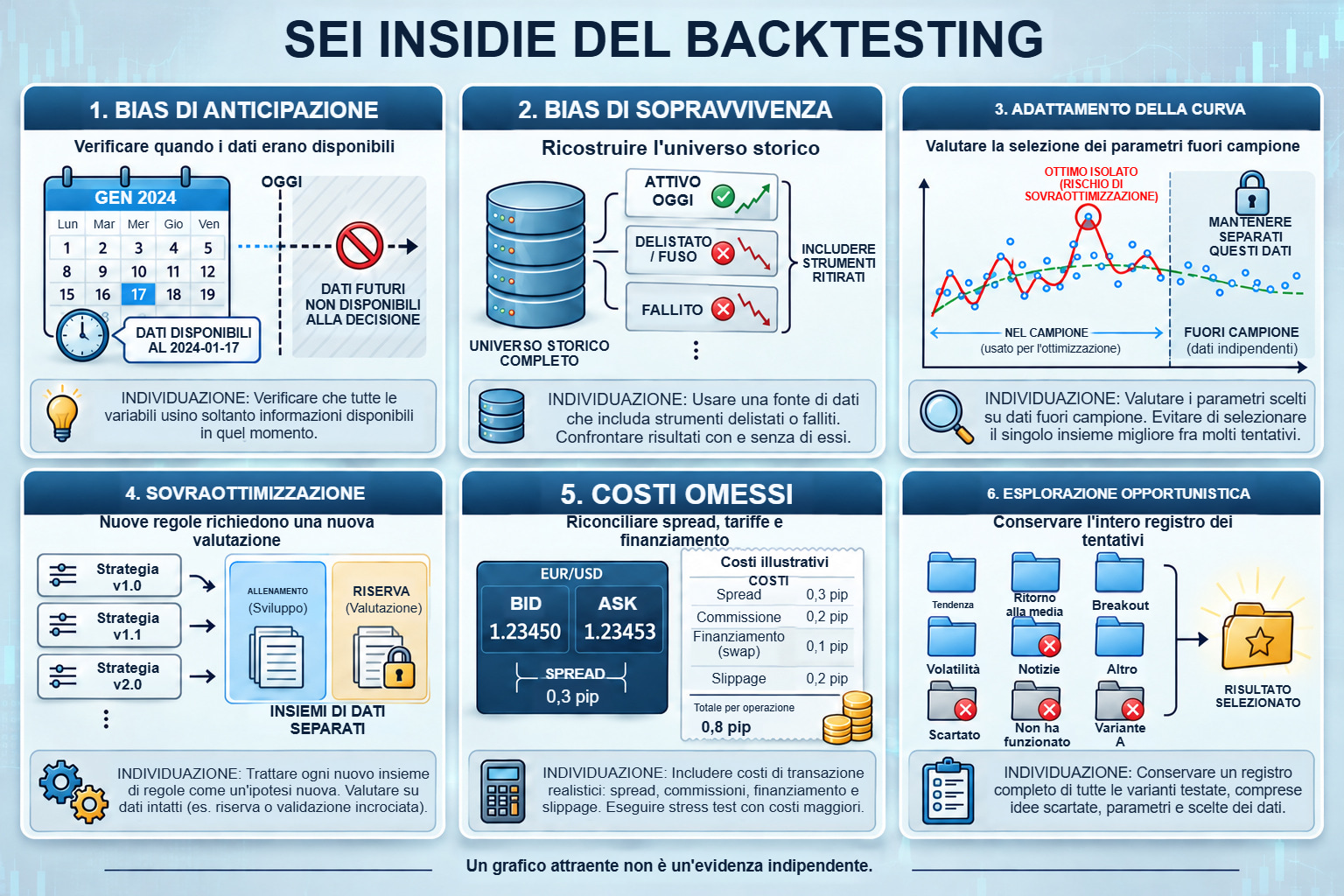 Sei insidie del backtesting con controlli specifici su tempistica dei dati, universo, parametri e costi