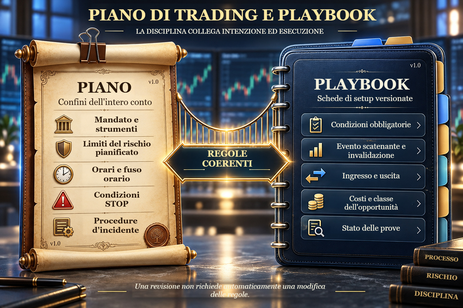 Il piano stabilisce confini per l'intero conto e il playbook contiene schede dei setup versionate