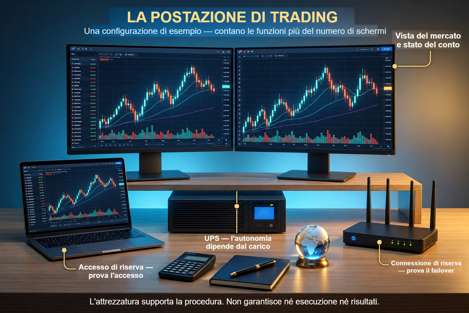 Una postazione di esempio con schermi, portatile di riserva, UPS e connessione alternativa; ogni livello richiede prove.