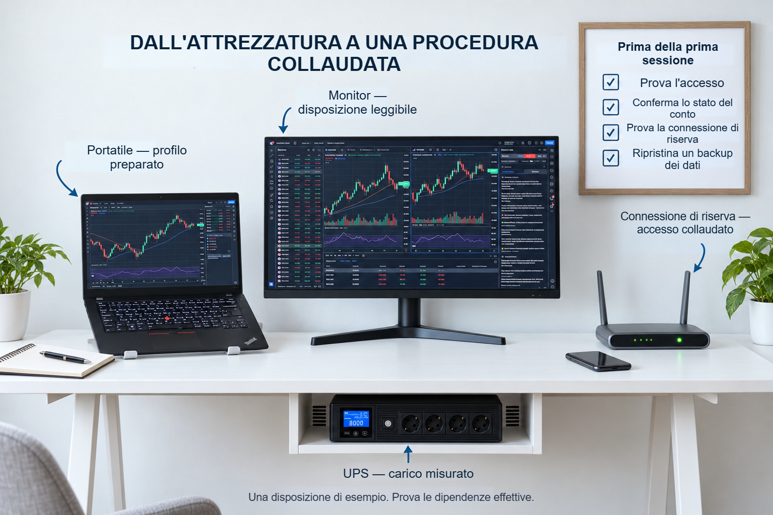 Una scrivania luminosa con portatile, monitor, router e UPS, insieme a quattro controlli prima della sessione.