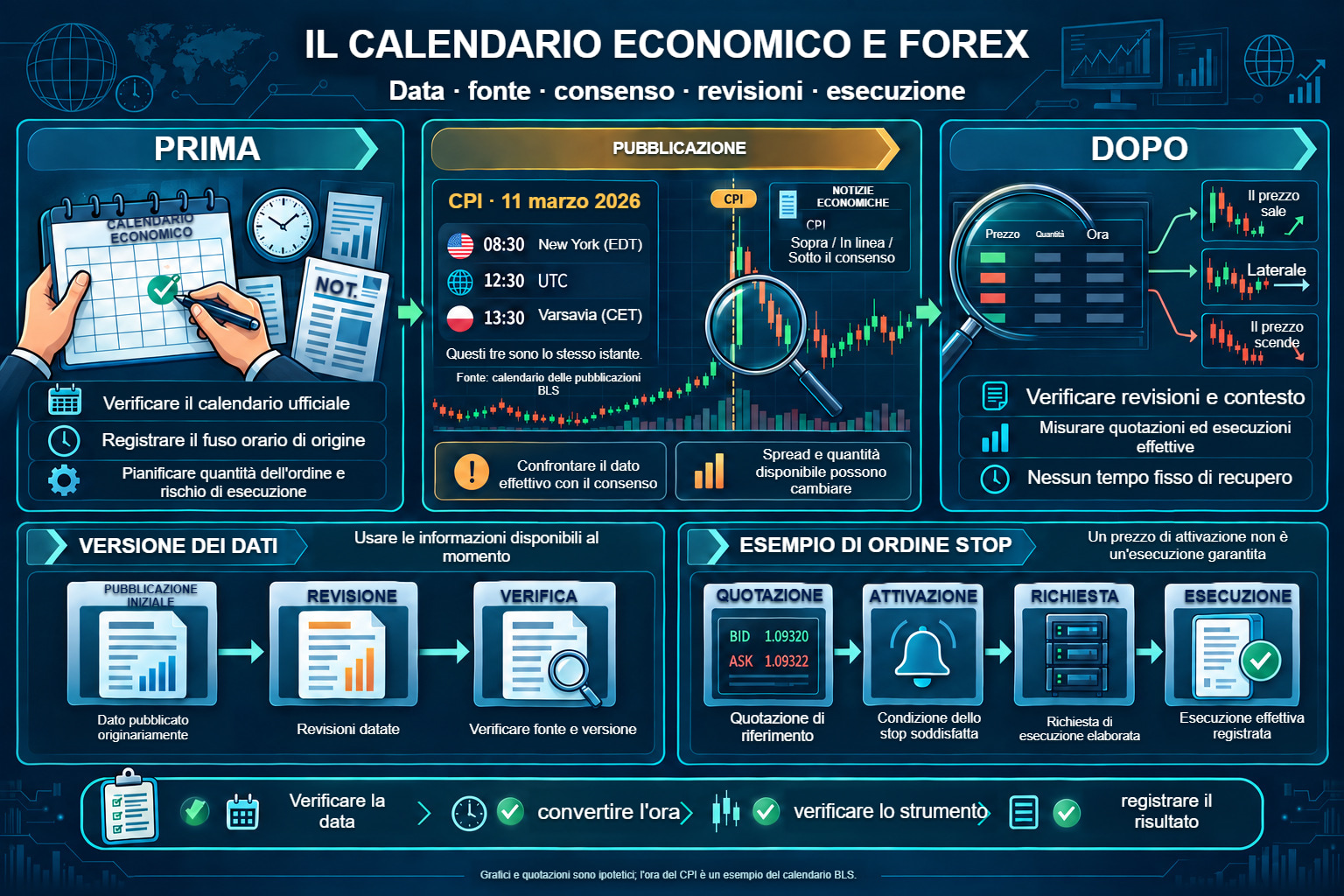 Il calendario economico: date, fusi orari, revisioni dei dati ed esecuzione degli ordini stop