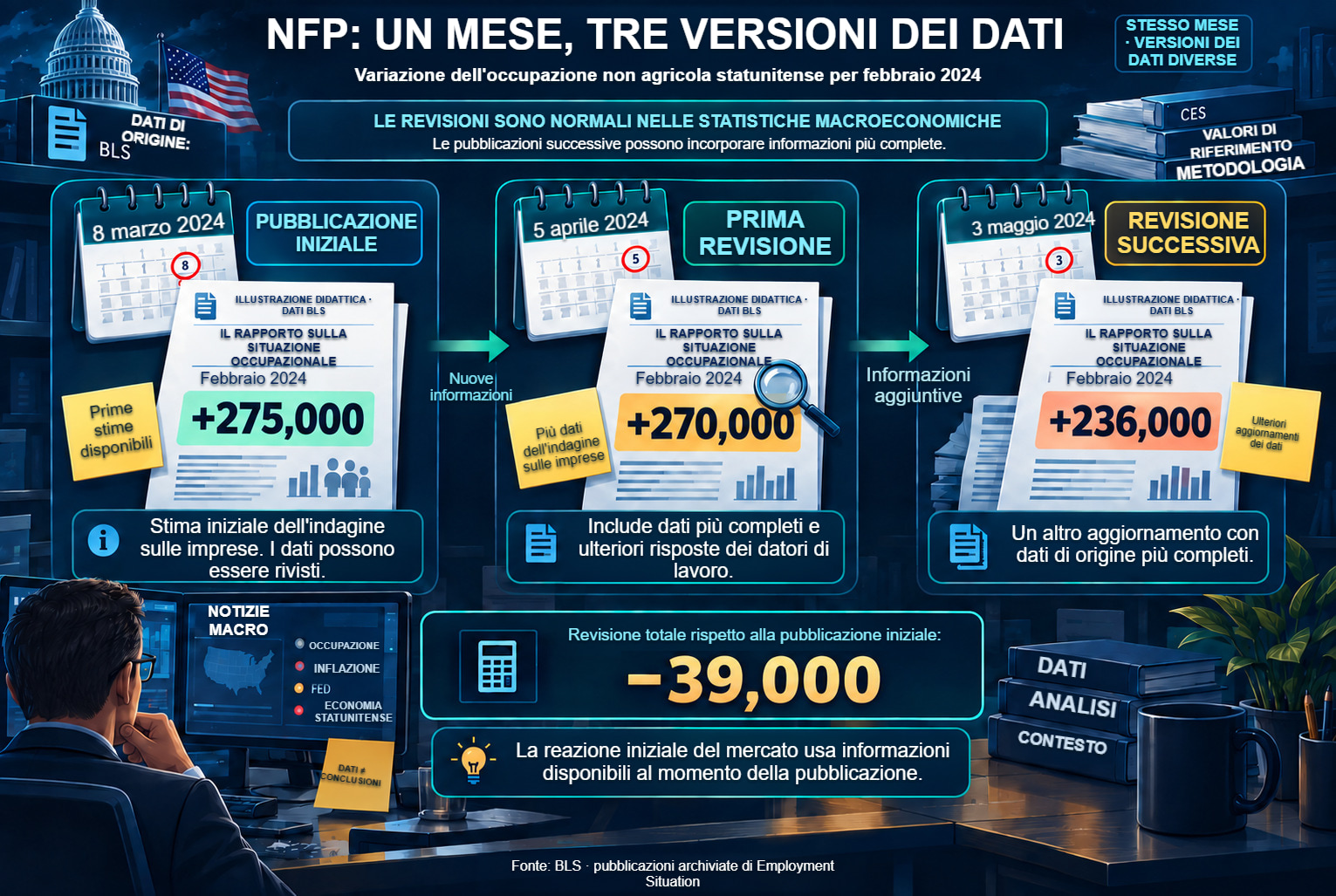 Revisioni NFP di febbraio 2024: 275, 270 e 236 mila