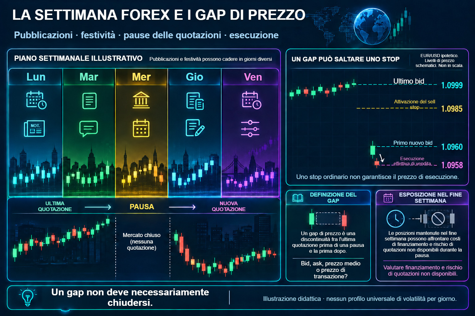 La settimana di negoziazione e un gap EUR/USD: ultimo bid, livello dello stop, prima nuova quotazione ed esecuzione