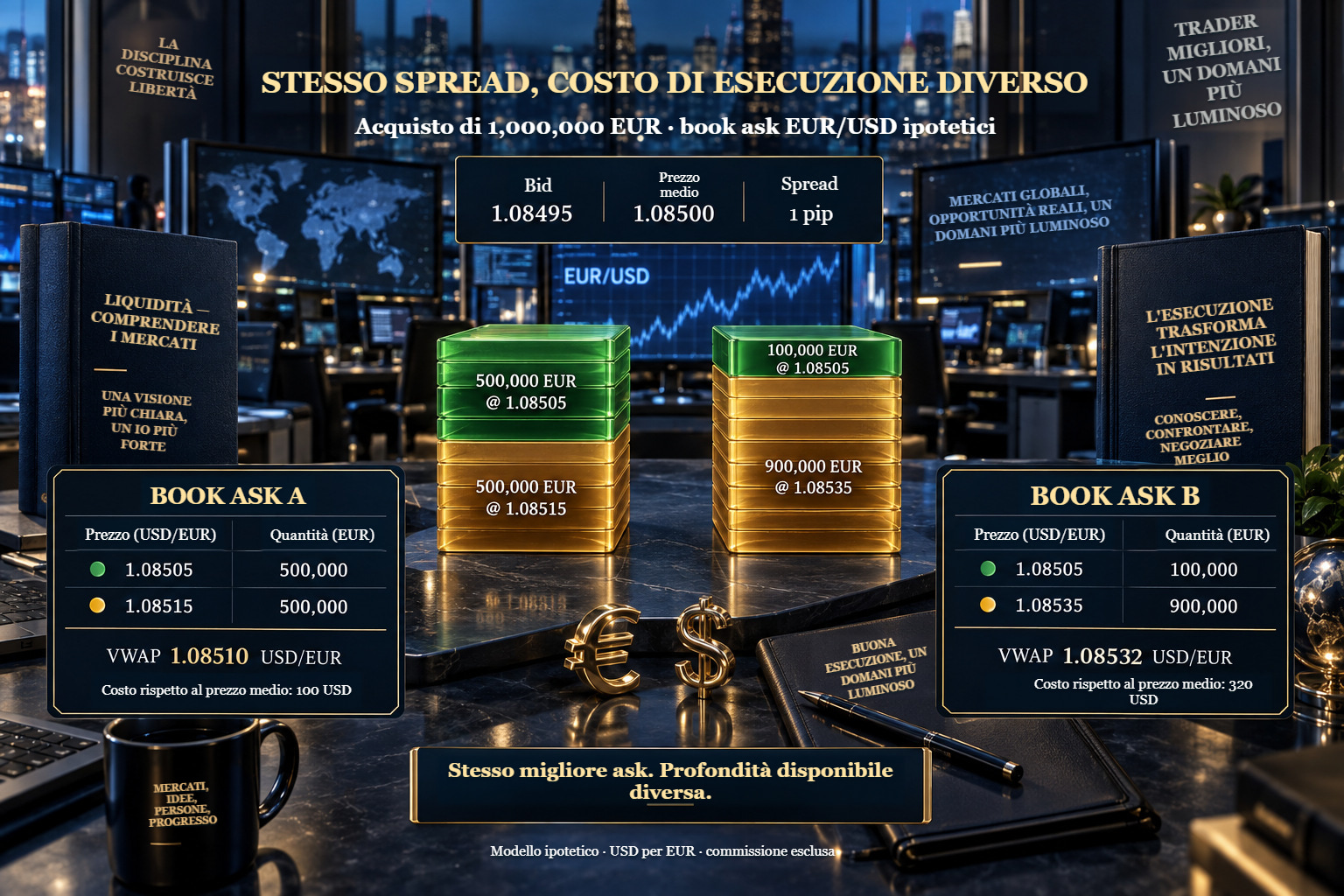 Due libri ipotetici di quotazioni EUR/USD: spread identico, VWAP diverso per un milione di EUR
