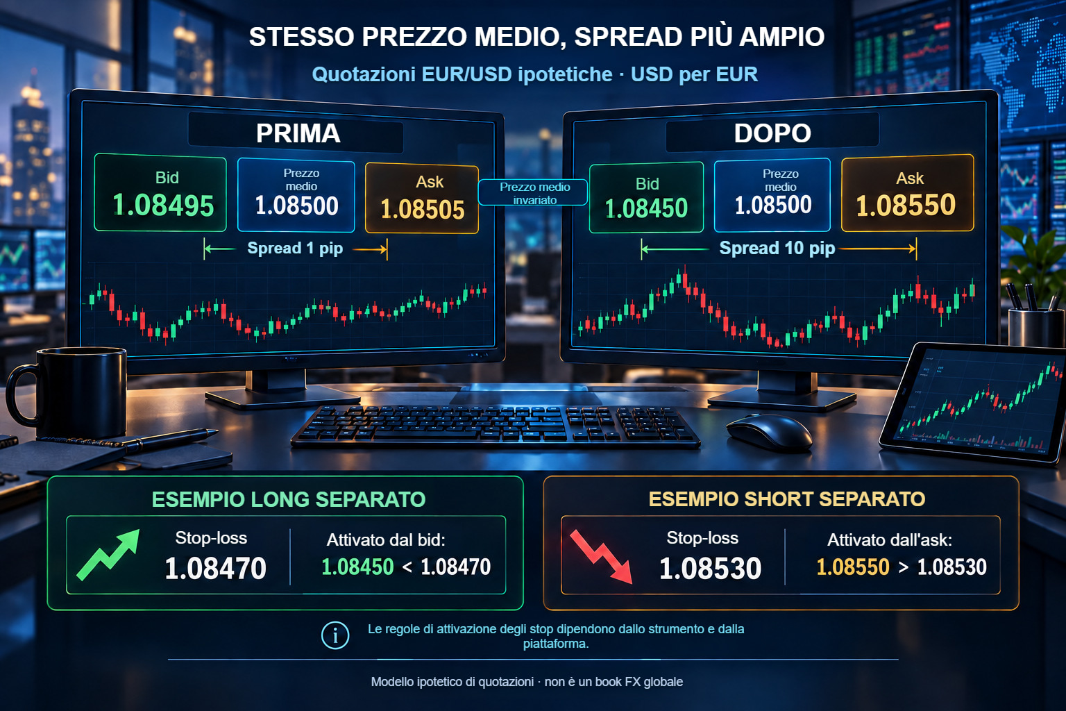 Spread EUR/USD più ampio: la posizione long usa il bid e la short usa l'ask