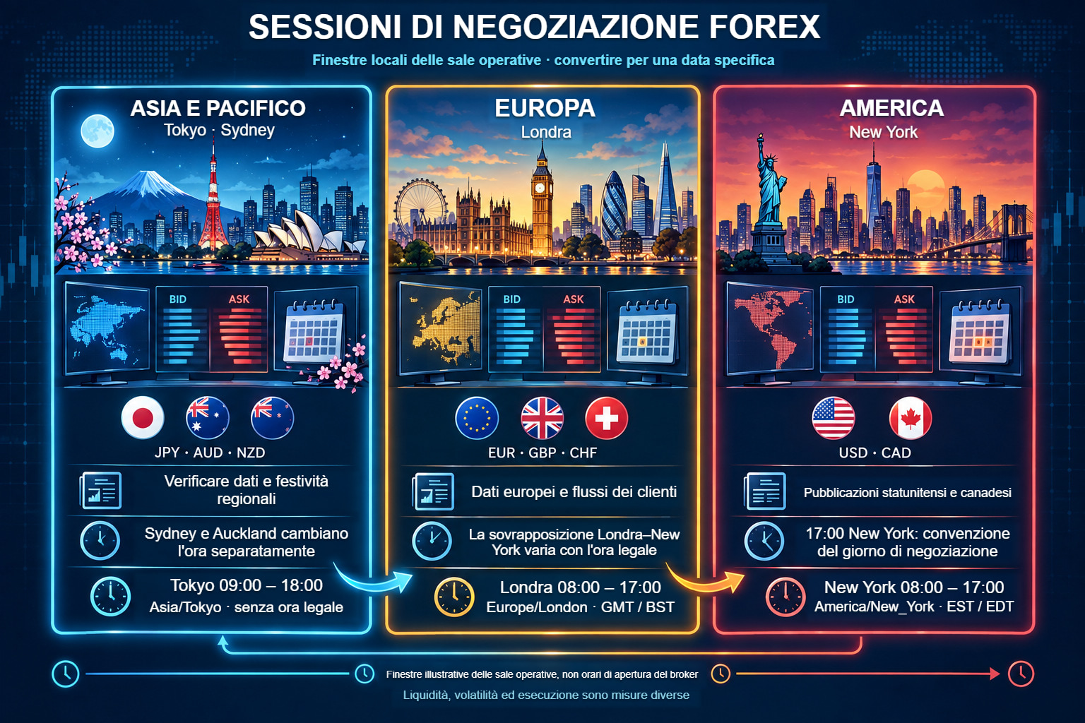 Sessioni Forex: Asia-Pacifico, Europa e Americhe con orari locali ipotetici delle sale operative
