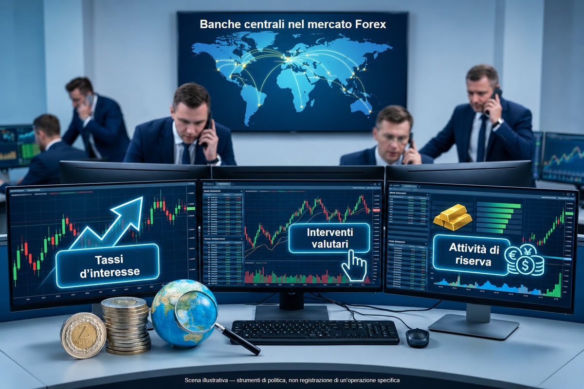 Banche centrali: tassi, interventi e attività di riserva. Illustrazione: tassi, interventi e attività di riserva sono meccanismi separati, non dati di mercato in tempo reale.