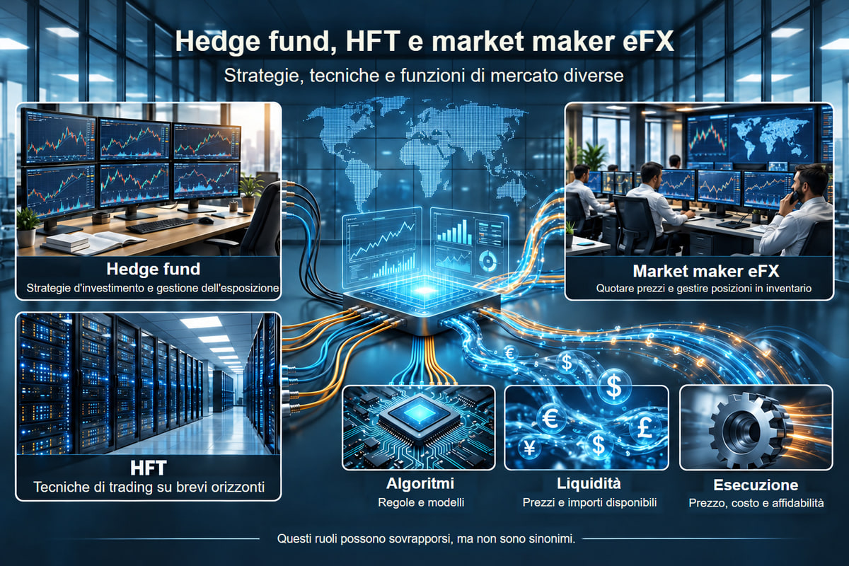 Strategia del fondo, tecniche HFT e ruolo del market maker. Strategia d'investimento, tecniche HFT e ruolo del market maker sono concetti distinti. L'illustrazione non contiene dati misurati di latenza.