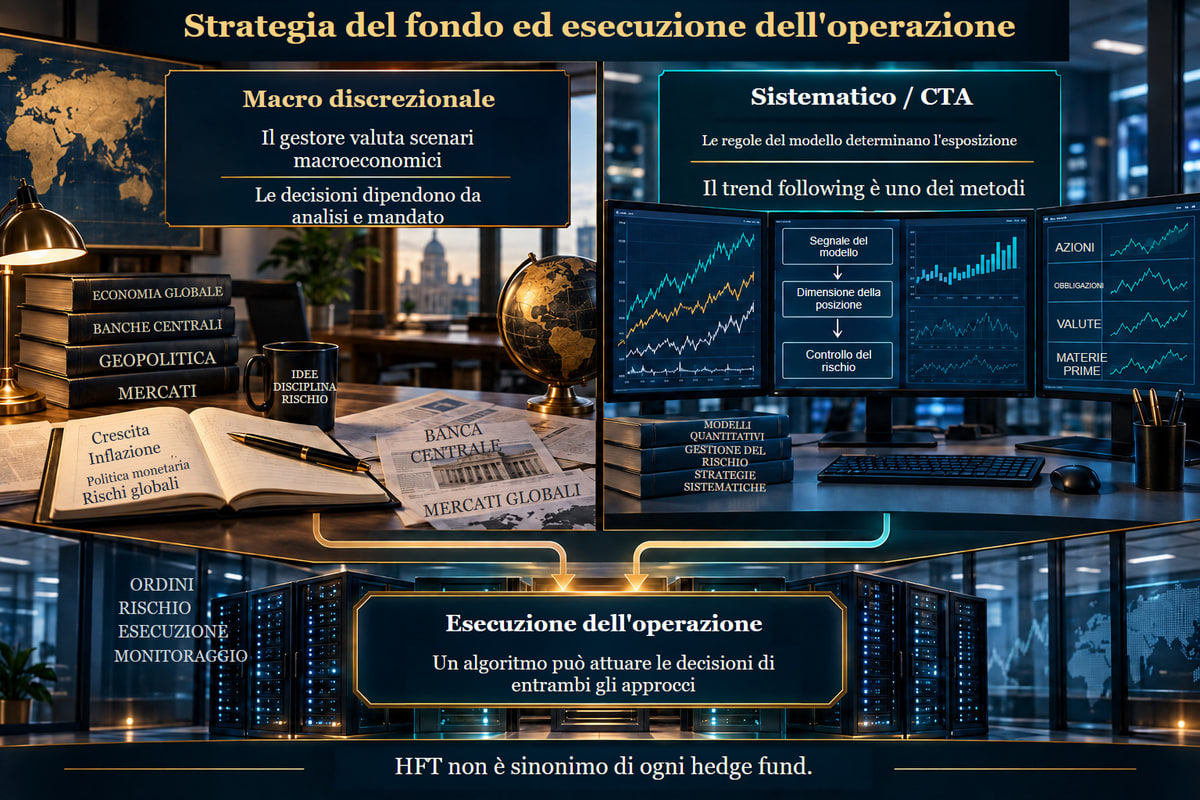 Due approcci alle decisioni d'investimento ed esecuzione separata. Due approcci decisionali e un livello distinto di esecuzione delle operazioni. Diagramma illustrativo.