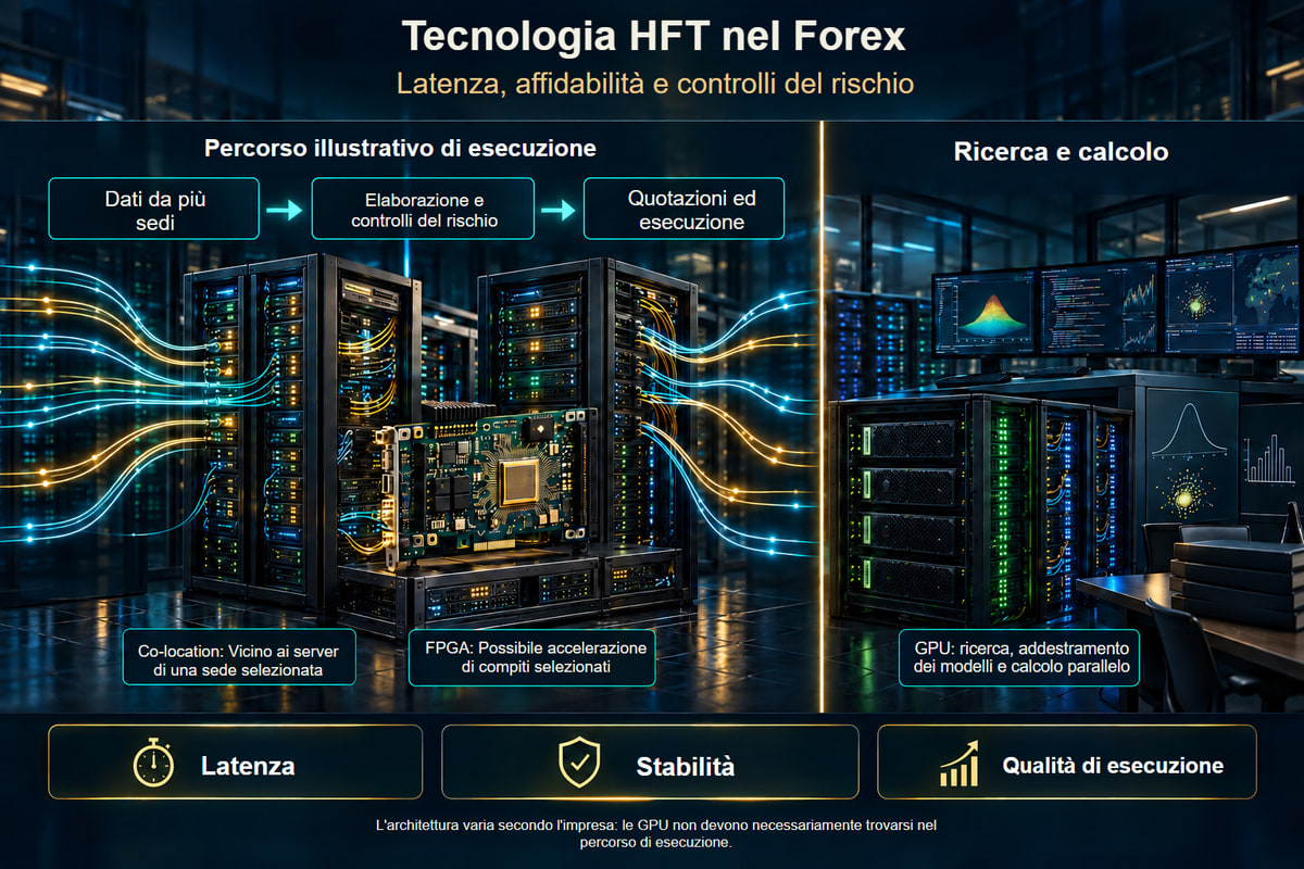 Infrastruttura HFT illustrativa: co-location, FPGA e GPU. Architettura illustrativa. La co-location riguarda sedi selezionate; l'uso di FPGA e GPU dipende dai compiti e dall'impresa.