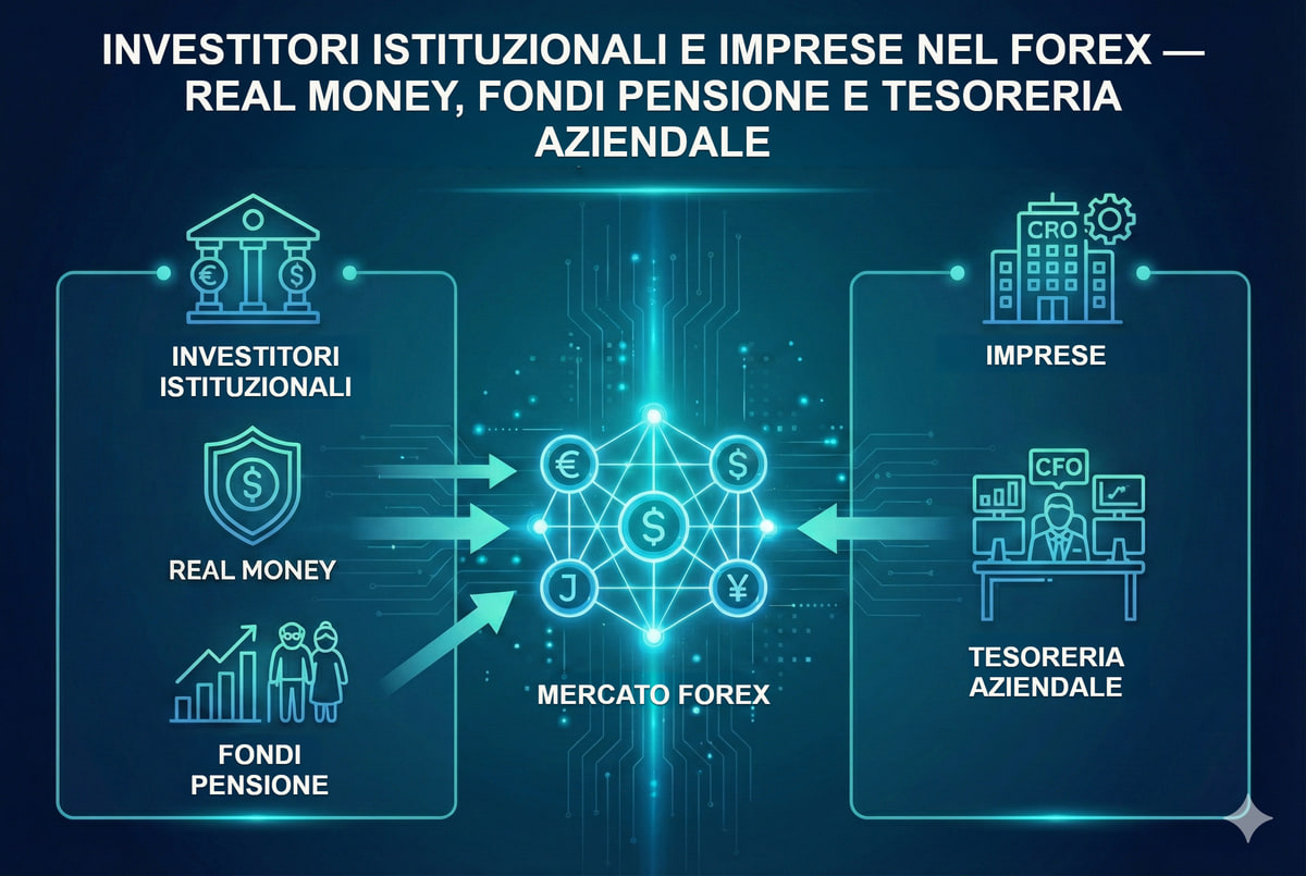 Investitori istituzionali e imprese nel mercato valutario. Investitori e imprese usano FX per investire, finanziarsi e coprire esposizioni, secondo i propri mandati.