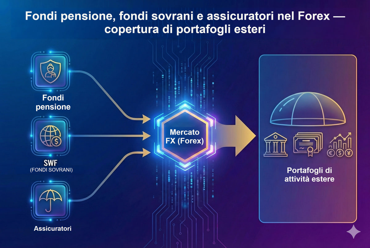 Real money: fondi pensione, SWF e copertura di portafoglio. La copertura dipende dal mandato e dal rapporto obiettivo; non tutte le istituzioni coprono l'intera esposizione.