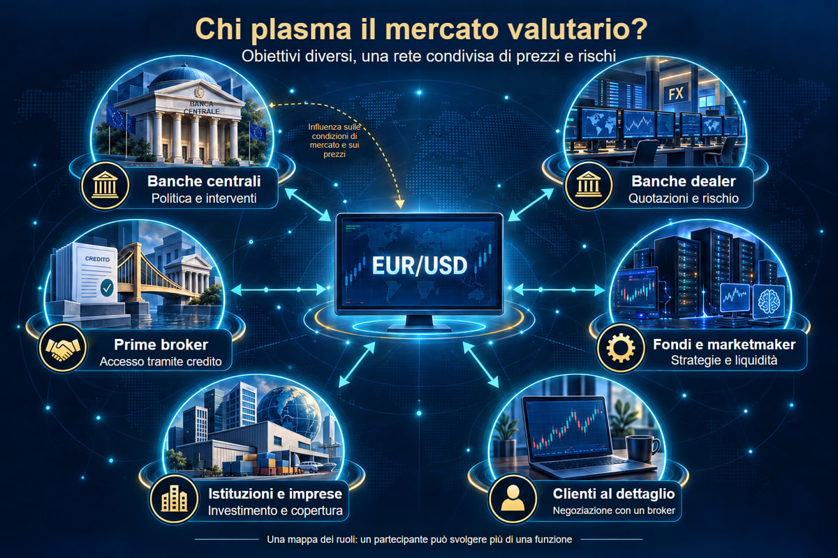 Una rete di ruoli e rapporti dei partecipanti al mercato valutario. I partecipanti formano una rete di rapporti; non esiste un unico percorso obbligatorio degli ordini.