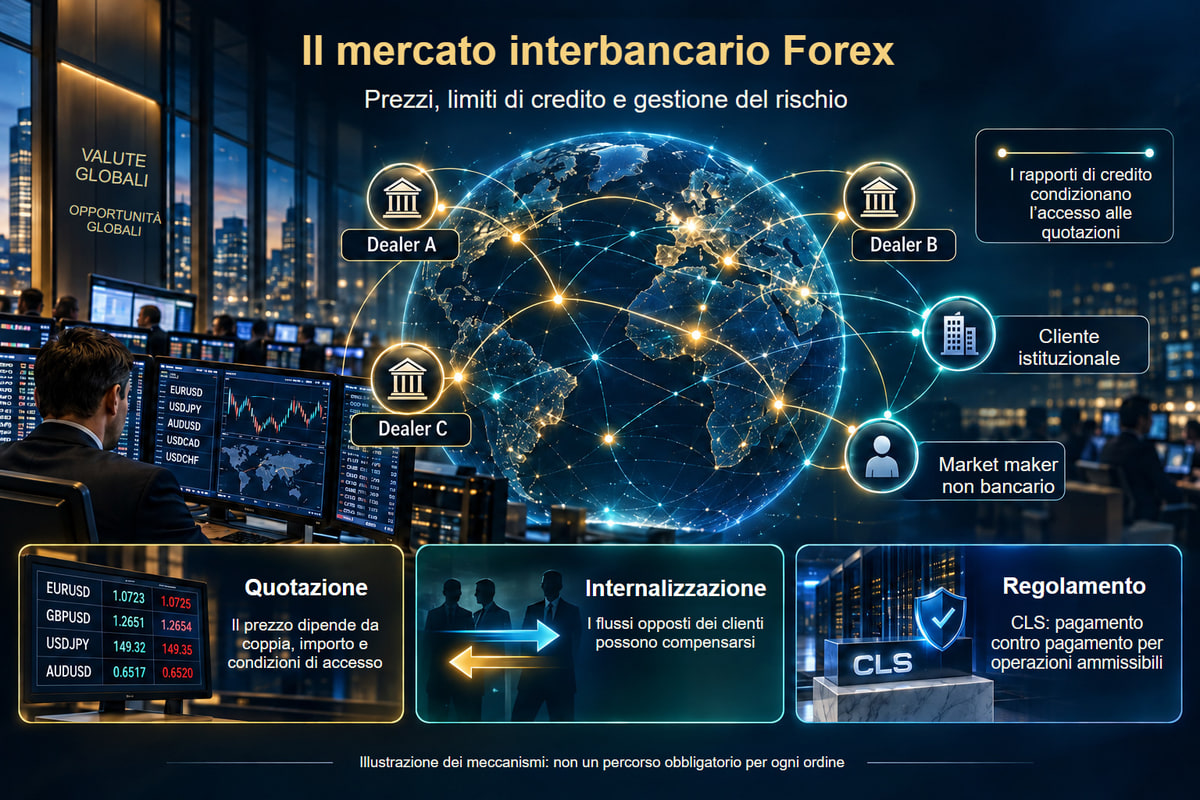 Dealer, limiti di credito e processo di regolamento separato. Quotazione, gestione dell’esposizione e regolamento sono processi distinti. La rete è illustrativa.