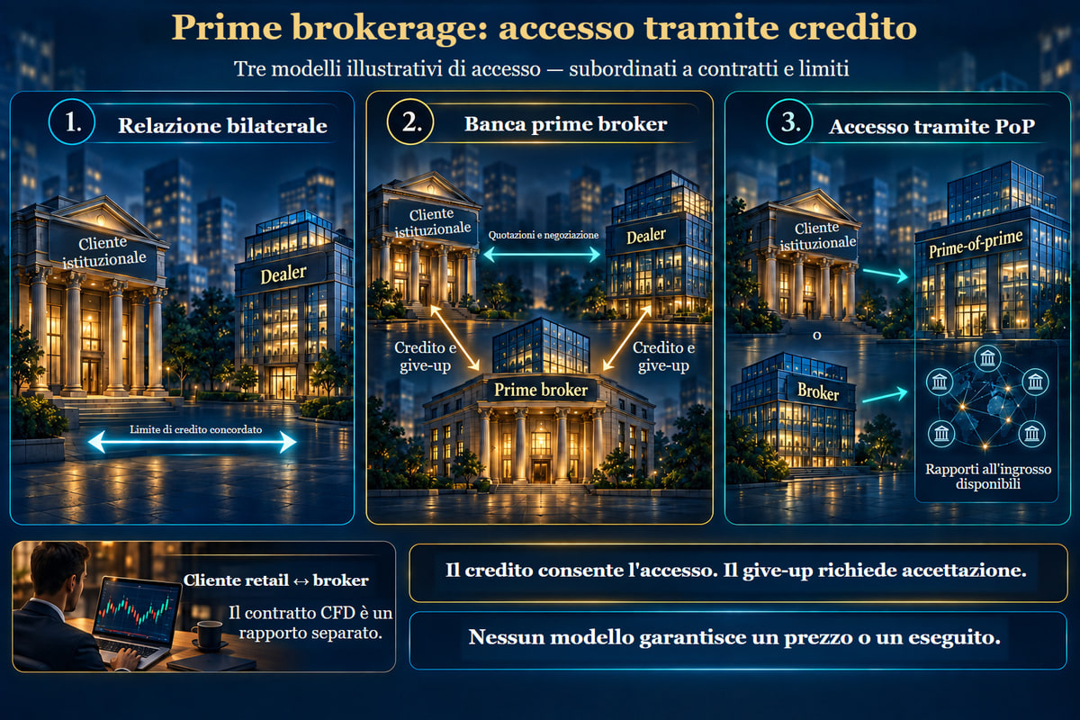 Prime brokerage: tre modelli di accesso creditizio. Modelli illustrativi subordinati a contratti e limiti. Il give-up richiede accettazione; il CFD del cliente retail resta separato.