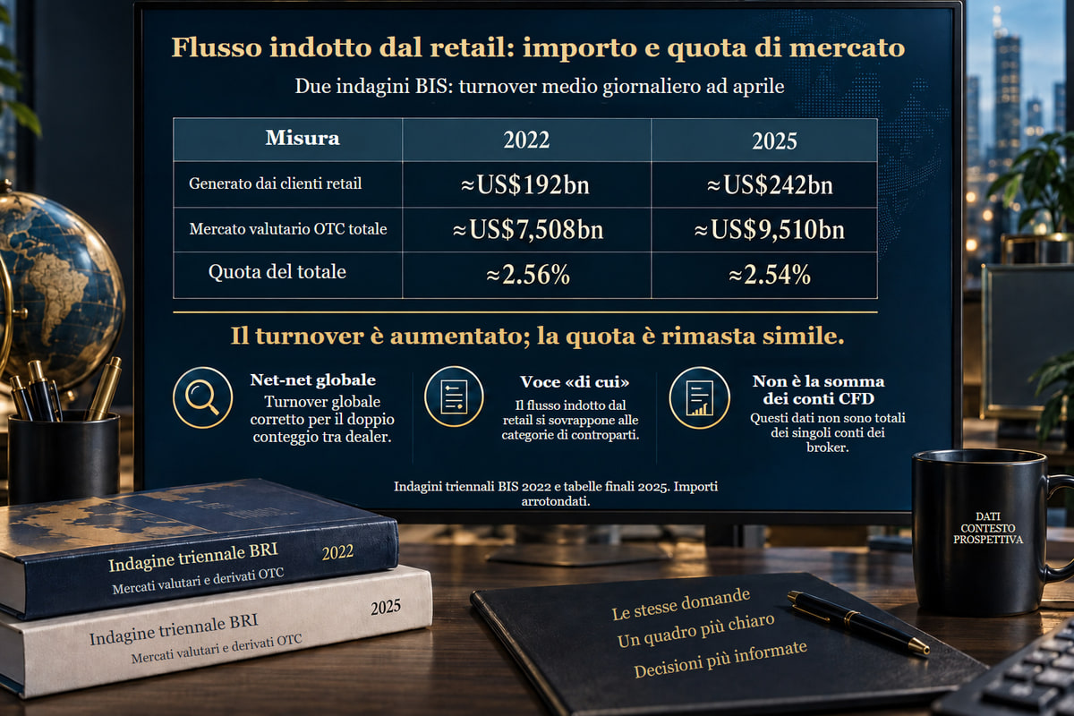 BIS: turnover OTC globale e categoria sovrapposta del flusso indotto dal retail. BIS: turnover OTC medio giornaliero ad aprile, base globale net-net. Il flusso indotto dal retail è una voce sovrapposta «di cui», non una categoria aggiuntiva da sommare al totale.
