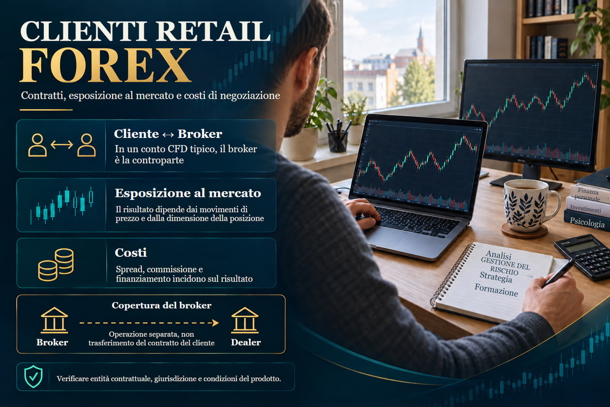 CFD retail: contratto del broker, costi e perimetro della protezione. Modello CFD retail tipico. Prodotto e protezioni del cliente dipendono dall’entità contrattuale e dalla giurisdizione.