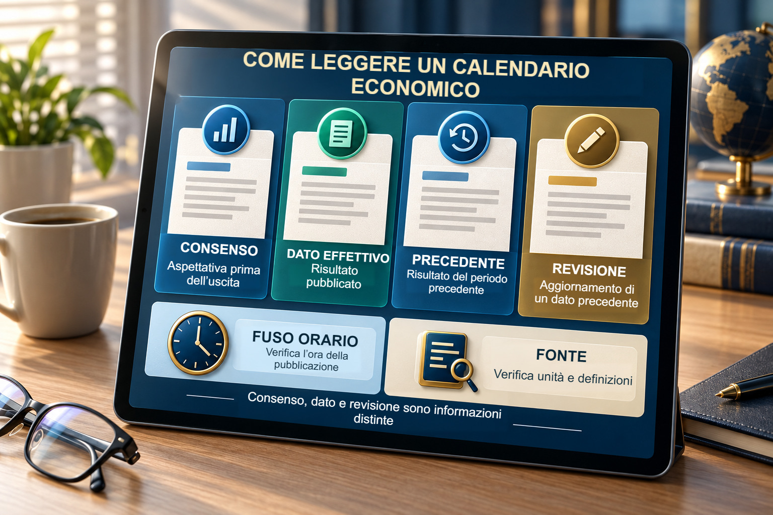 Illustrazione concettuale: calendario, fonte, fuso ed etichetta