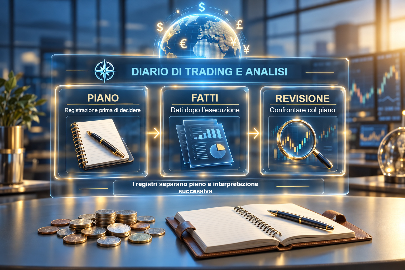 Scena didattica illustrativa su diario e analisi.