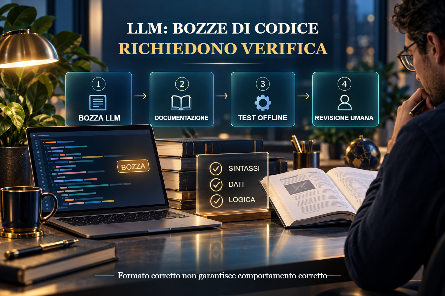 Processo concettuale di validazione del codice generato da LLM: bozza, documentazione, test offline e revisione umana.