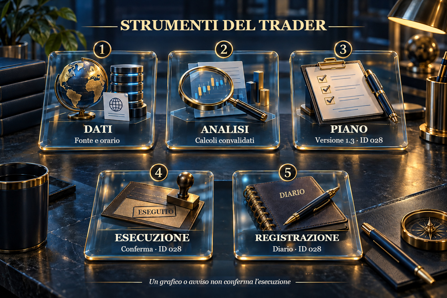 Strumenti concettuali del trader: dati, analisi, piano, esecuzione e registrazioni uniti da un identificativo della decisione.