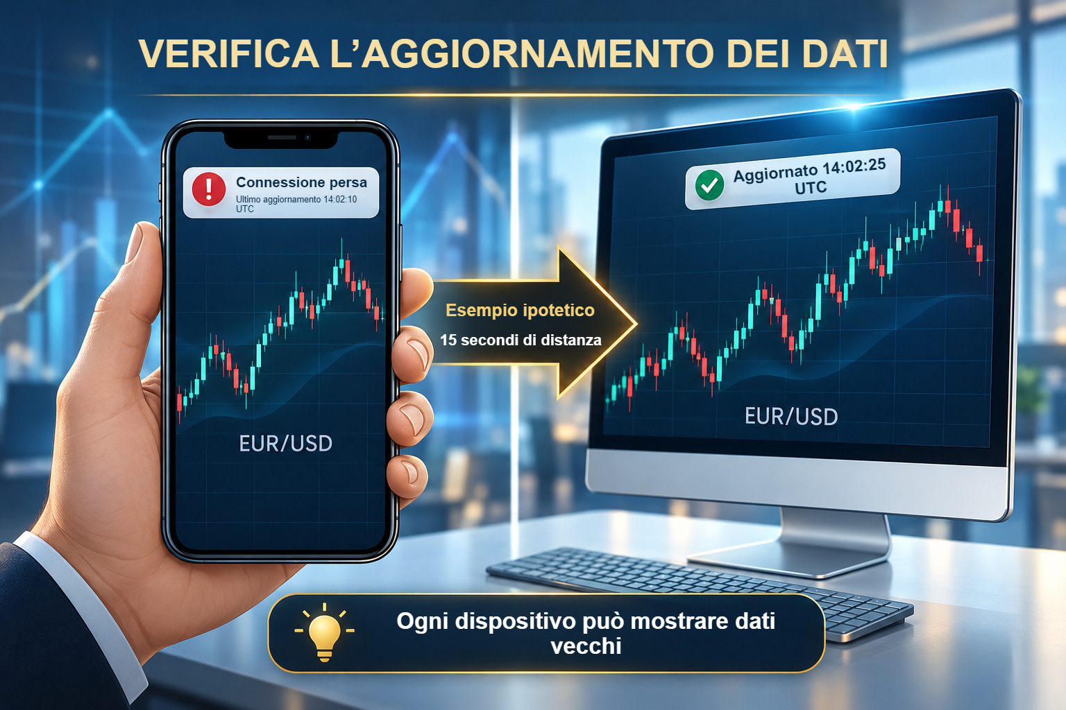 Confronto illustrativo tra una quotazione non aggiornata sul telefono e una vista più recente dello stesso conto su un monitor. Prezzi e orari sono ipotetici.