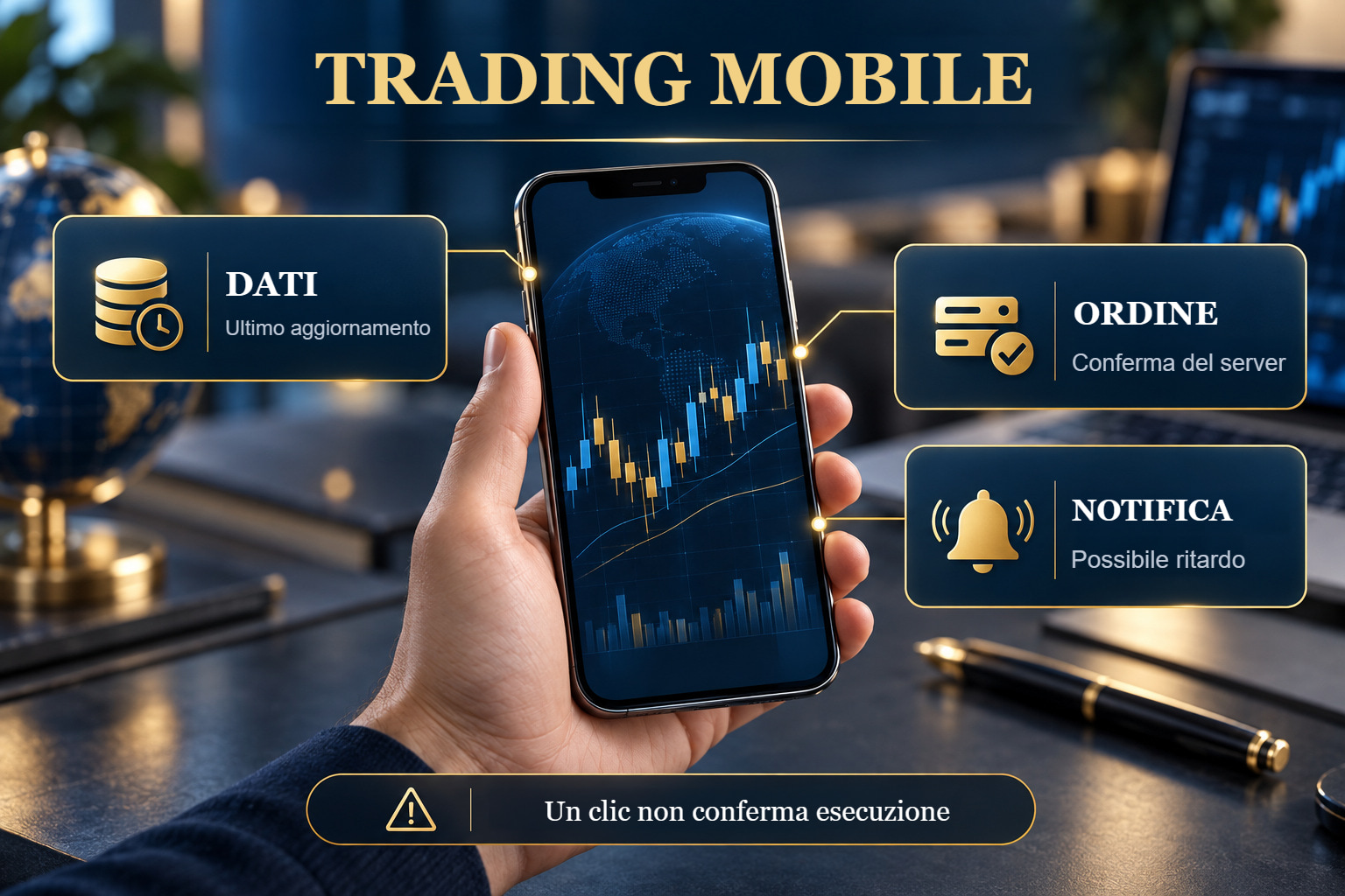 Scena didattica illustrativa sul trading da mobile.