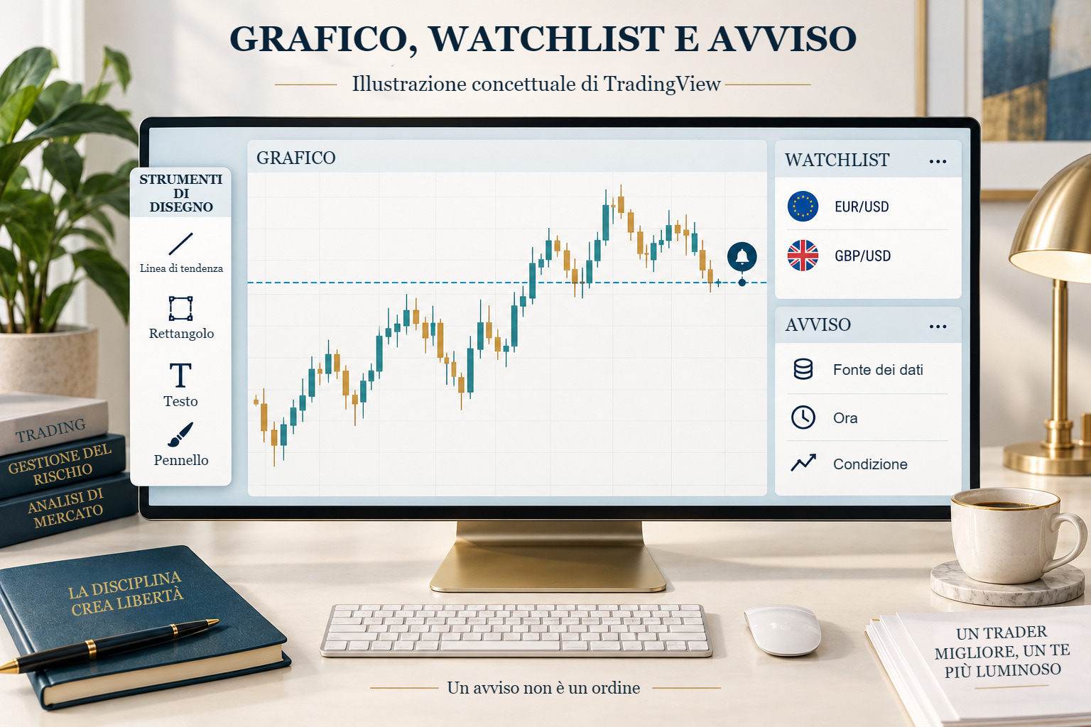 Illustrazione concettuale: grafico e avviso, due compiti diversi