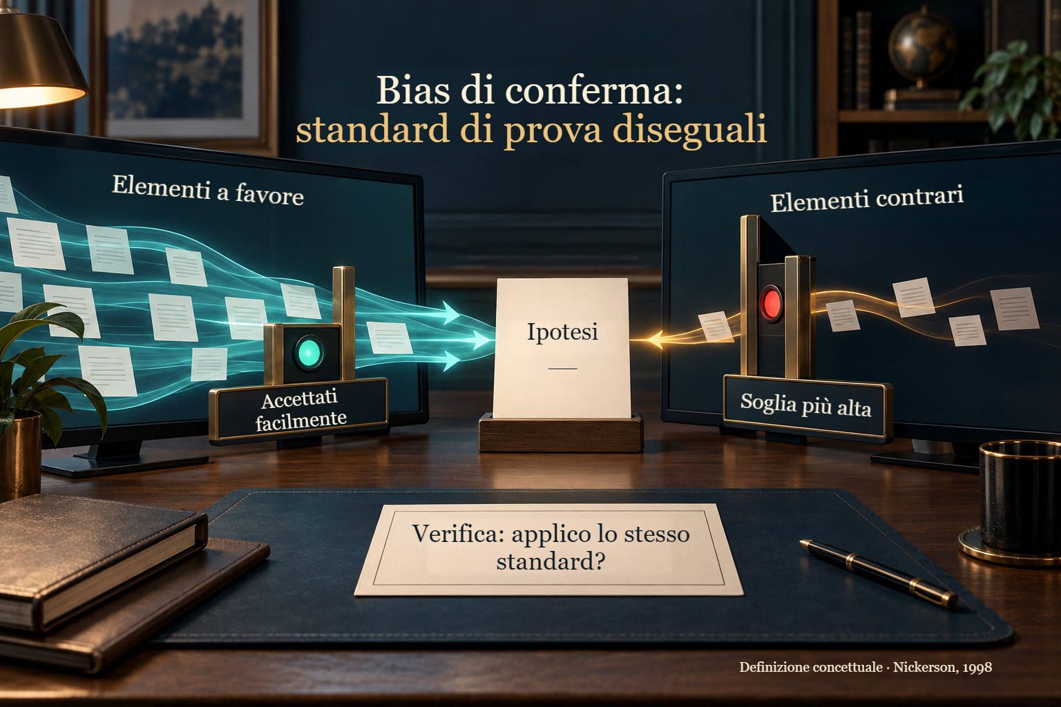 Diagramma del bias di conferma: gli elementi a favore sono accettati più facilmente di quelli contrari alla stessa ipotesi; verificare se viene applicato lo stesso standard di qualità.