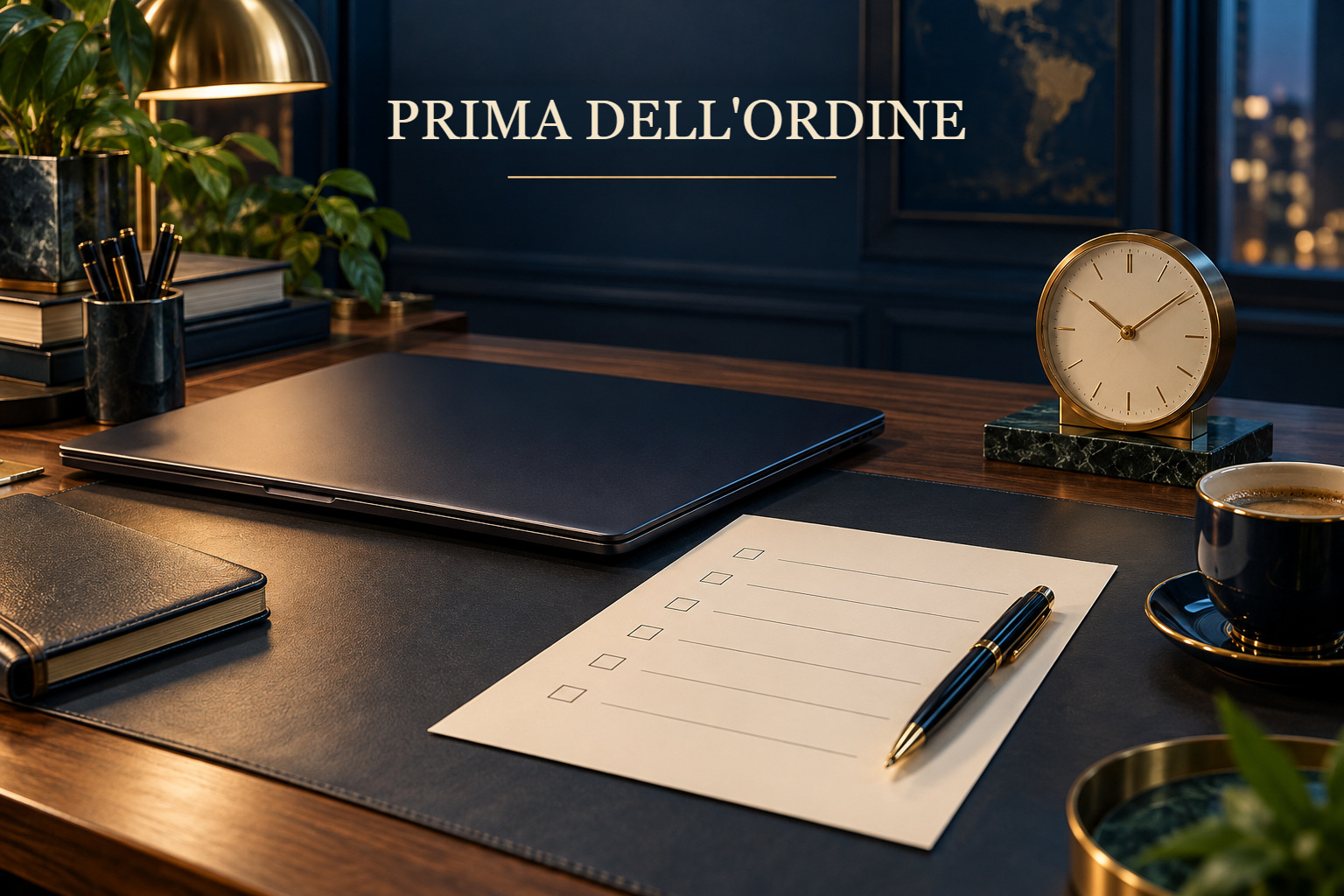 Illustrazione di una scrivania ordinata con una scheda del processo accanto al terminale, a rappresentare la preparazione prima di un ordine.