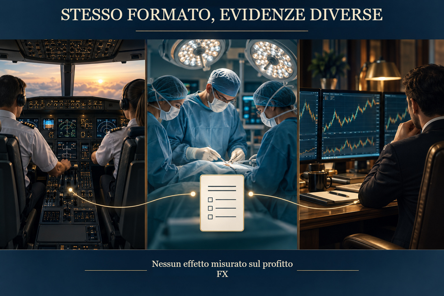 Tre contesti distinti per le procedure: aviazione, chirurgia e trading individuale.
