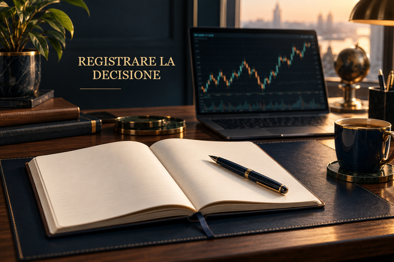 Illustrazione di un diario e una penna sulla scrivania di un trader, senza mostrare risultati reali di un conto.