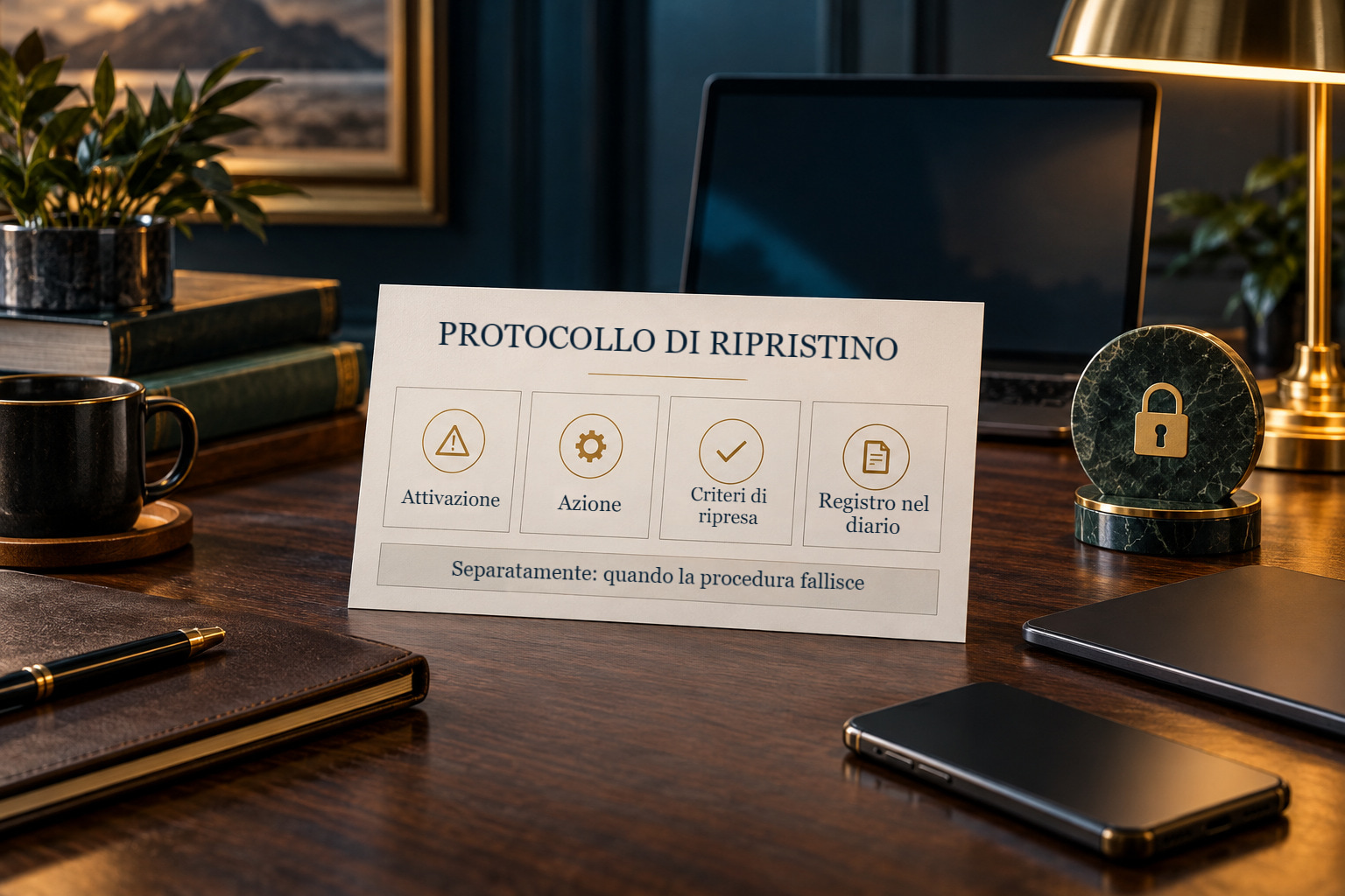 Scheda del protocollo di ripristino su una scrivania: attivazione, azione, criteri di ripresa e registrazione nel diario, con un campo separato per valutare il fallimento.