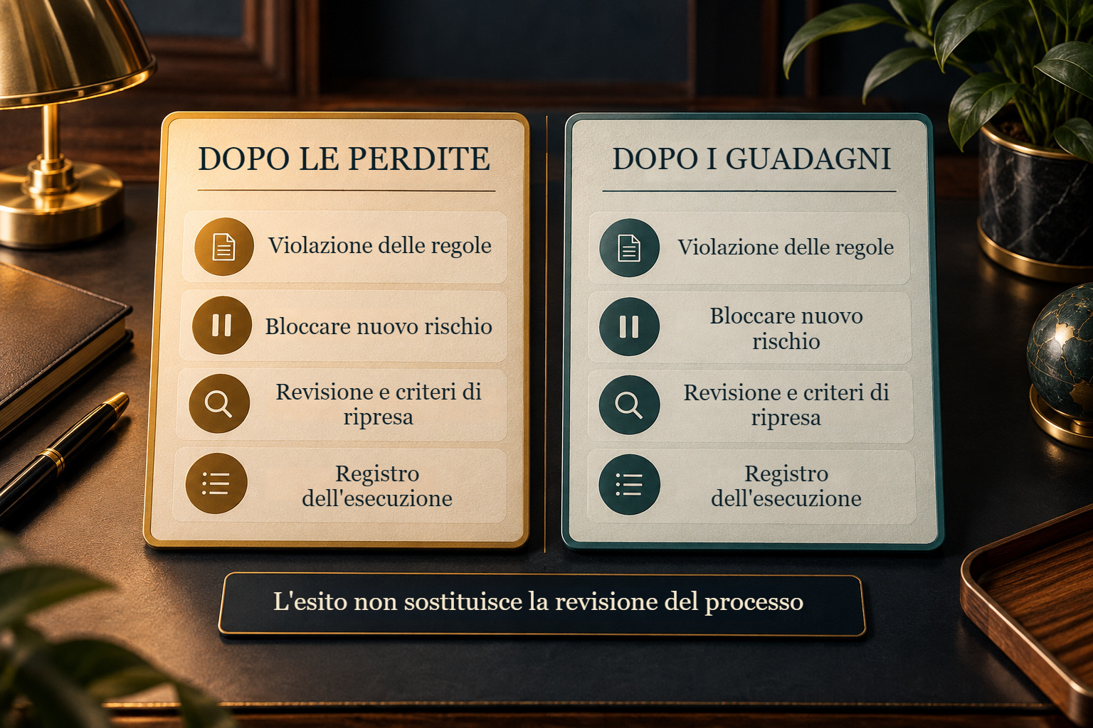 Due schede affiancate dopo perdite e guadagni: violazione, blocco del nuovo rischio, revisione e criteri di ripresa, registro dell'esecuzione.