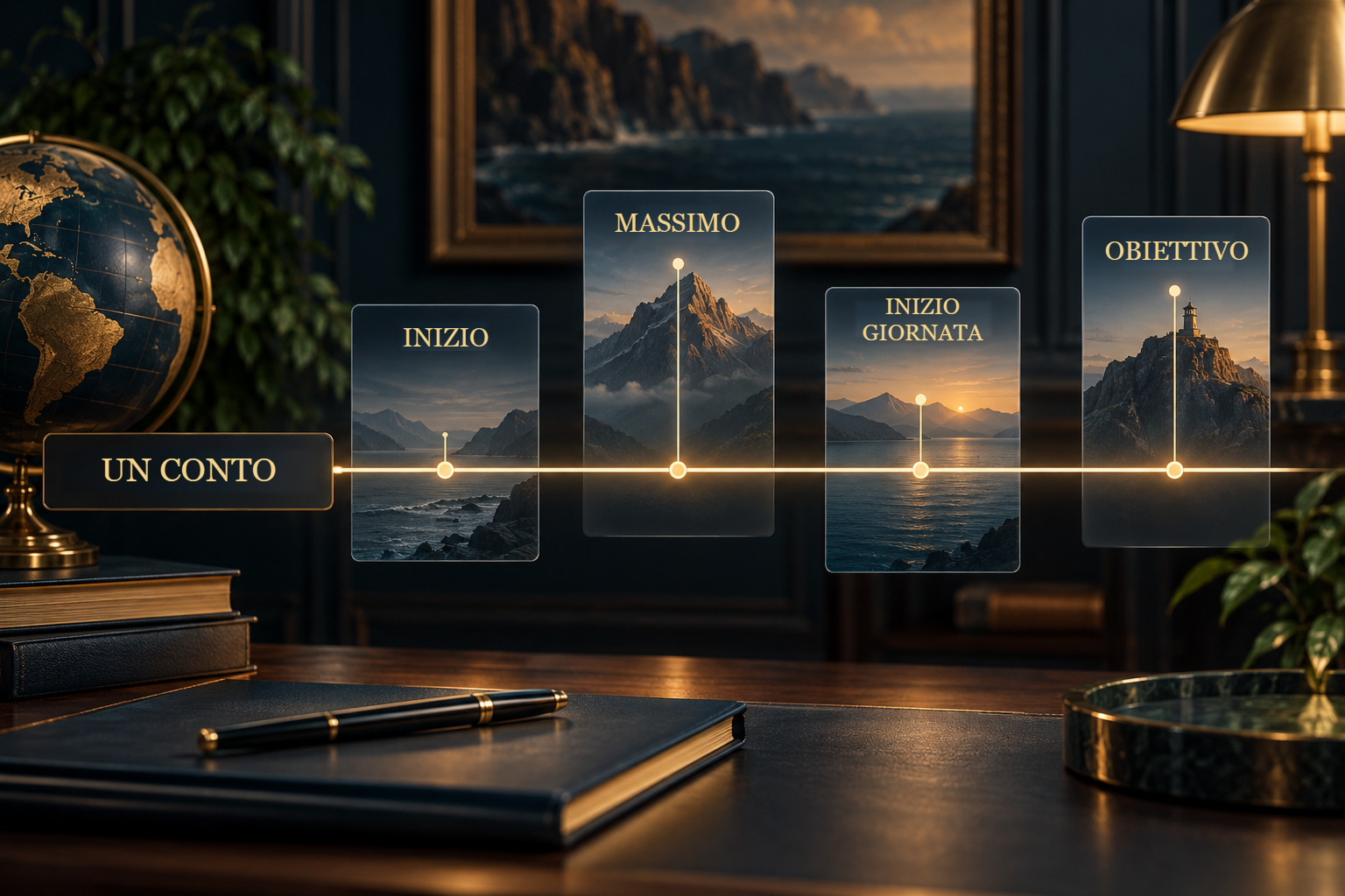 Illustrazione concettuale di un valore del conto valutato rispetto a capitale iniziale, massimo, valore d'inizio giornata e obiettivo personale.