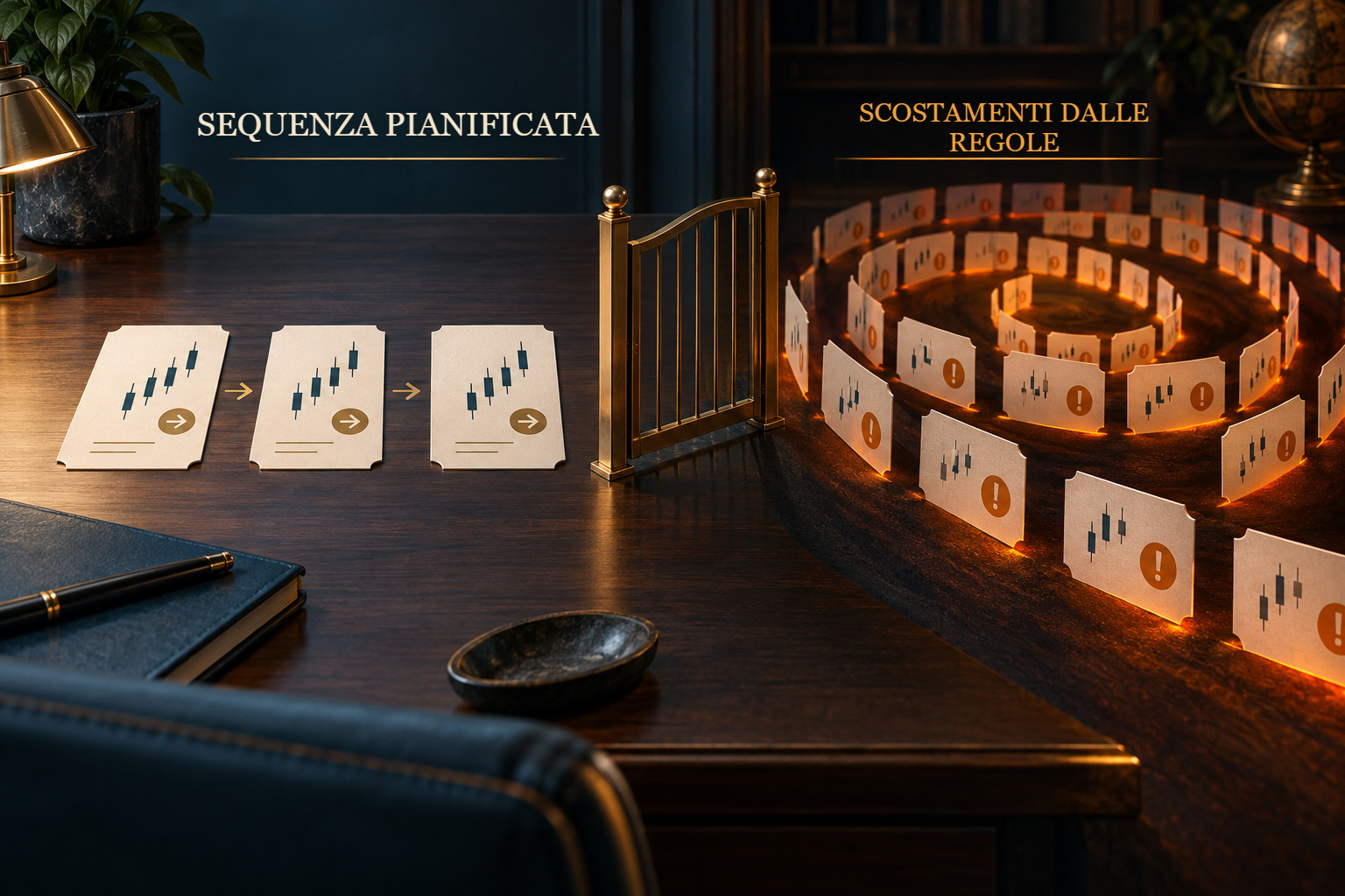 Confronto illustrativo tra tre ordini pianificati e ordinati e una serie di ordini successivi oltre una barriera del processo.