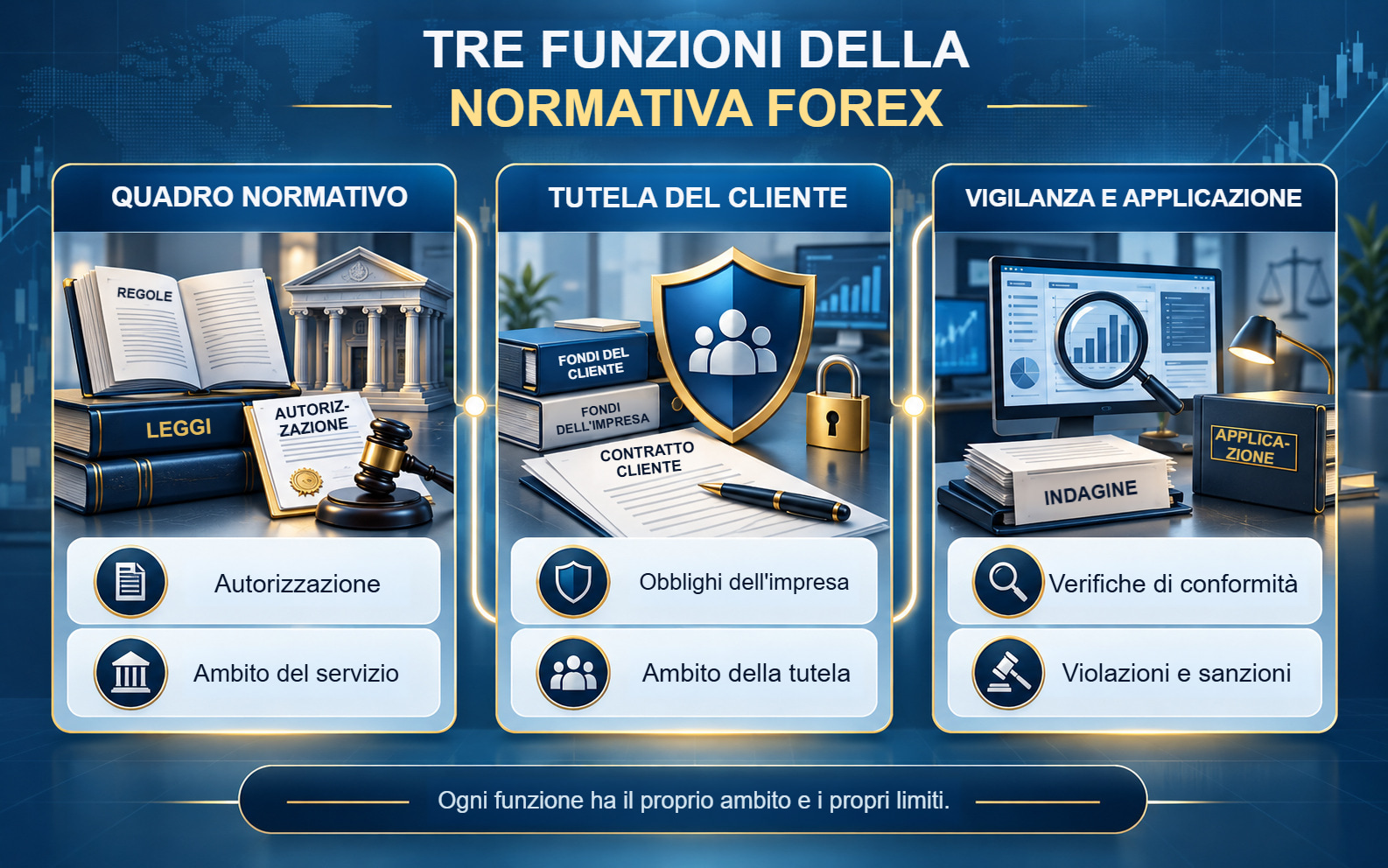 Tre funzioni regolamentari distinte: quadro giuridico, specifiche protezioni del cliente e applicazione della vigilanza.