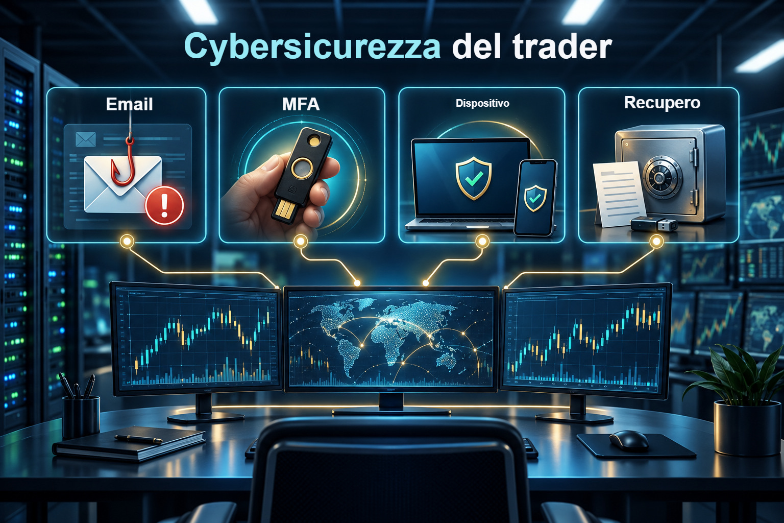Livelli di cybersicurezza del trader: email, autenticazione multifattore, dispositivo e recupero del conto.