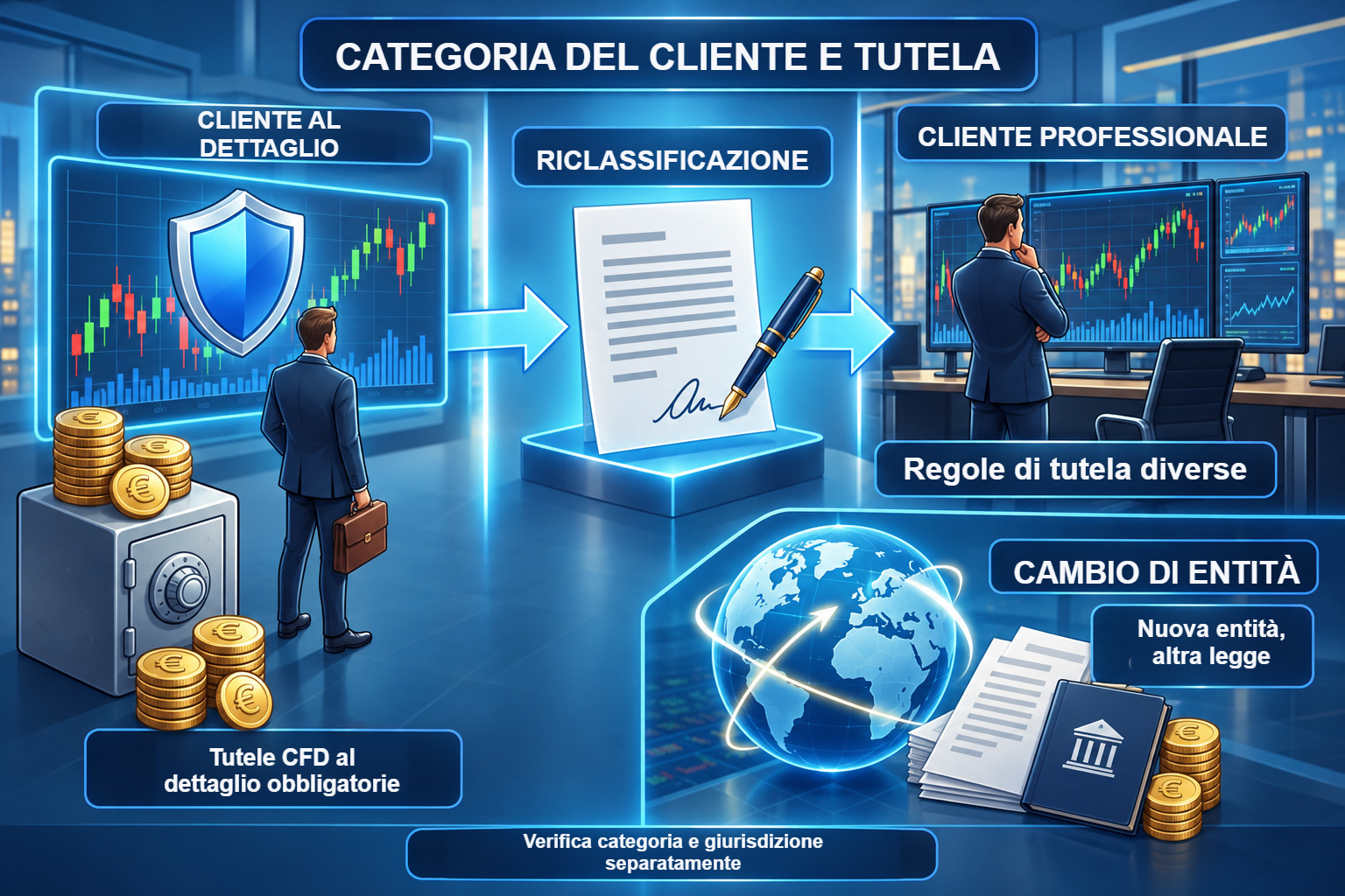 Riclassificazione del cliente e cambio di entità giuridica mostrati come processi distinti.