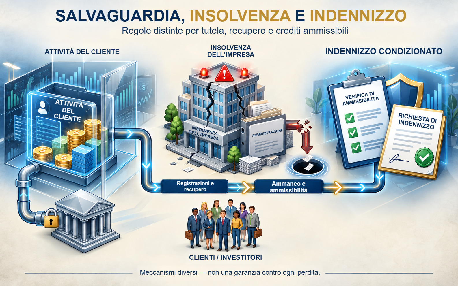 Beni dei clienti, insolvenza dell'impresa e indennizzo condizionato illustrati come tre meccanismi distinti.