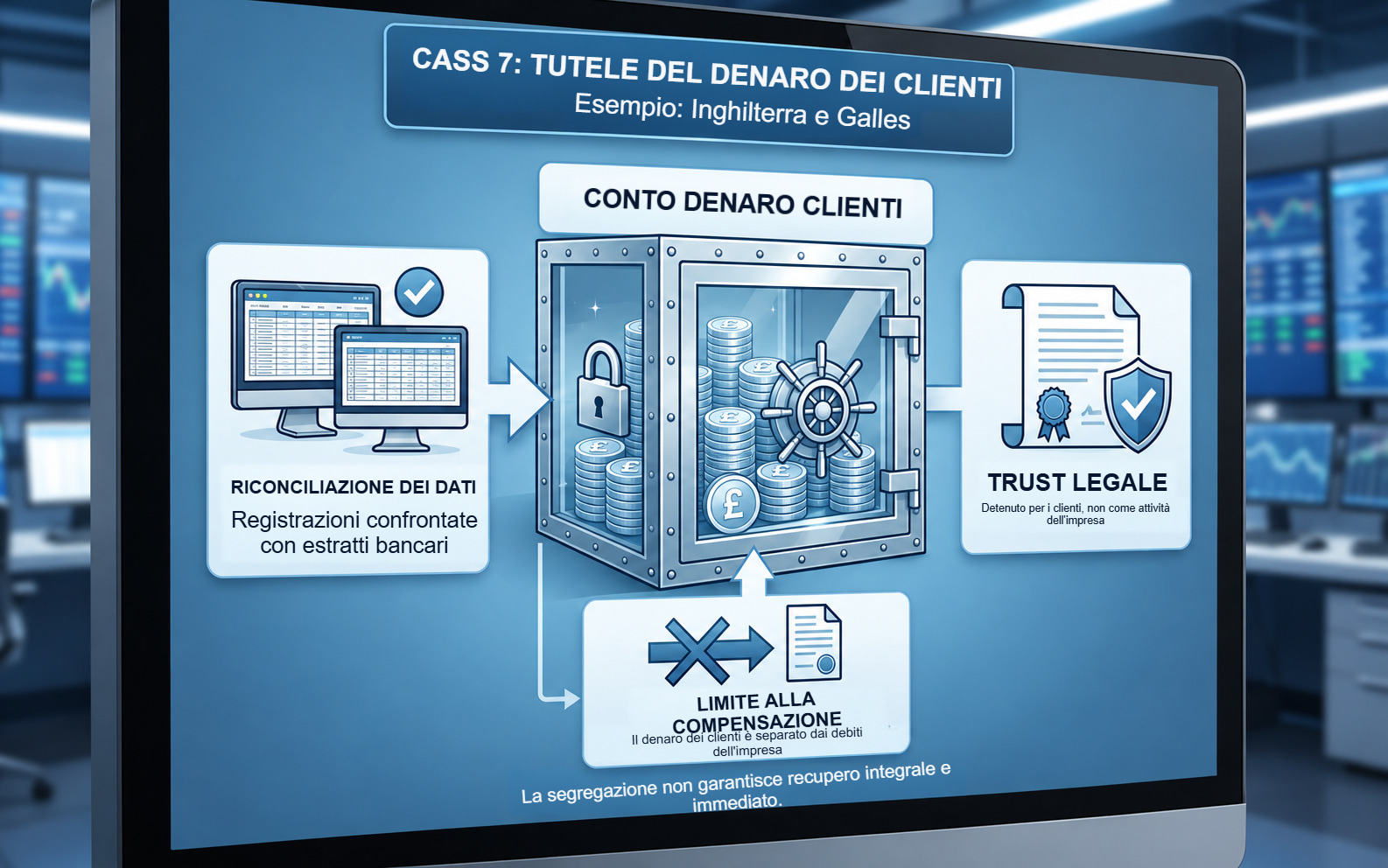Un conto di denaro dei clienti CASS 7, registri riconciliati, un trust legale e una restrizione all'uso del denaro dei clienti per debiti dell'impresa.