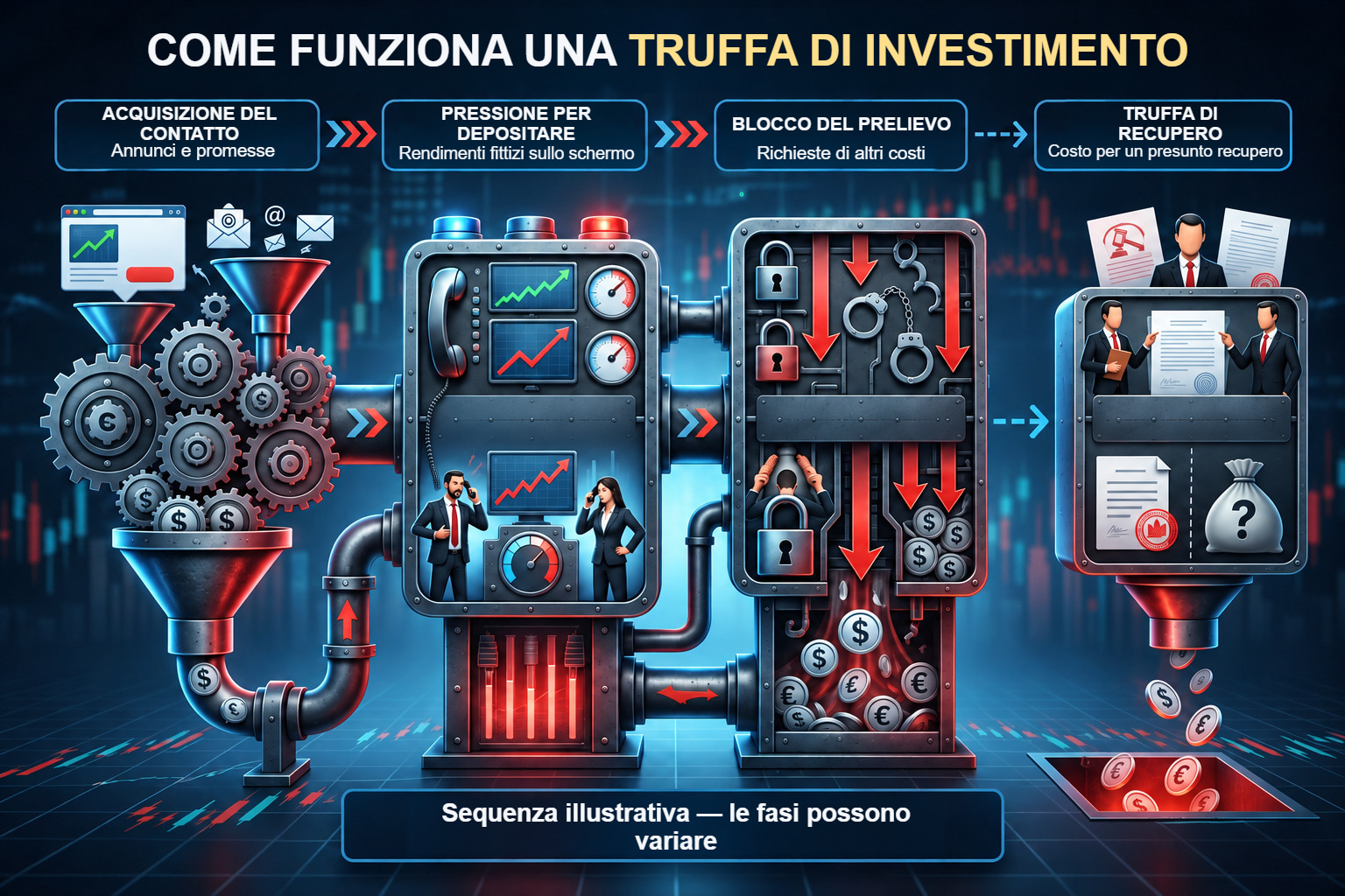 Meccanismo illustrativo di truffa dalla raccolta dei contatti e pressione al deposito fino al prelievo bloccato.