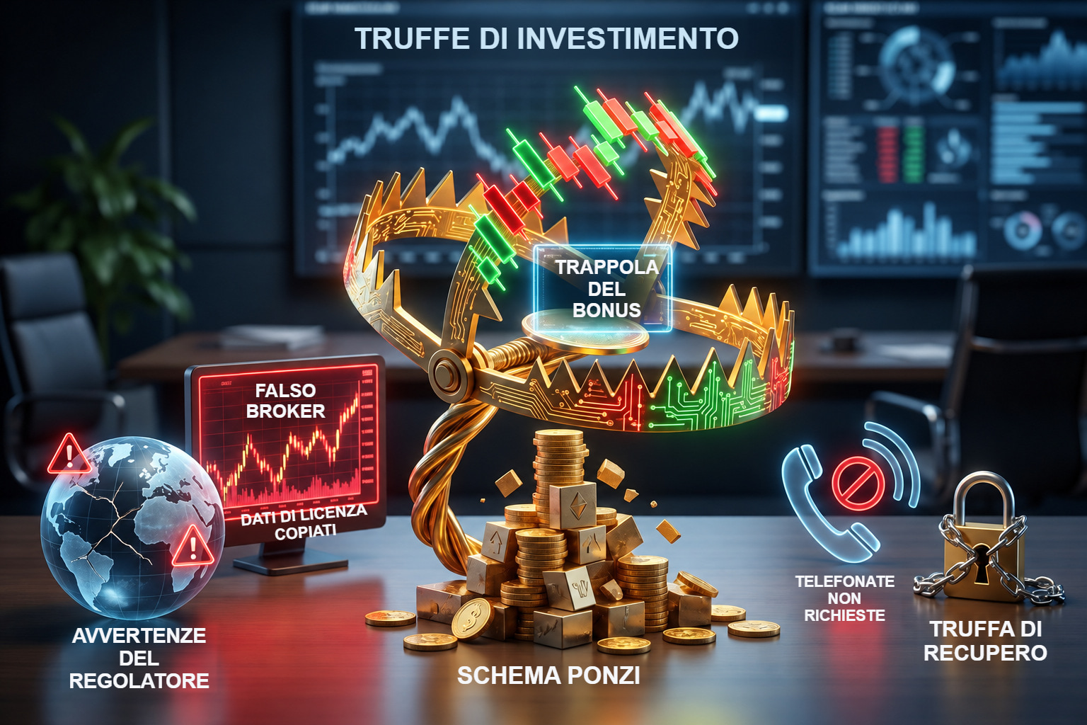 Metafore delle truffe di investimento: falso broker, trappola del bonus, schema Ponzi e truffa del recupero.