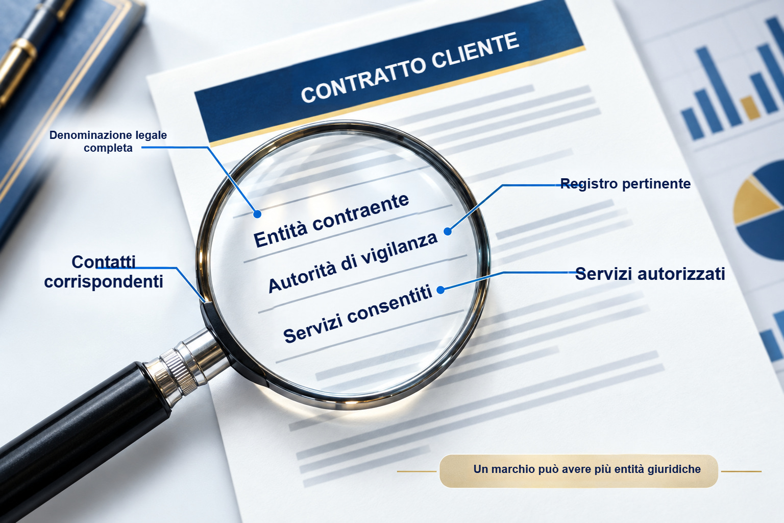 Contratto del cliente sotto la lente: denominazione giuridica, autorità, servizi e contatti.