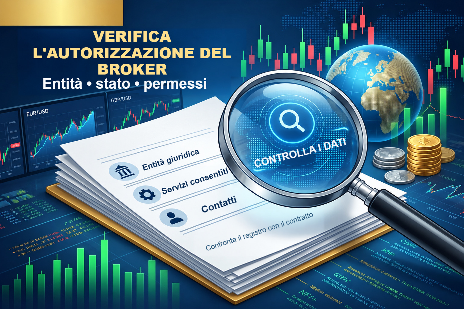 Lente d'ingrandimento su un documento: verifica di entità giuridica, stato e permessi del broker.