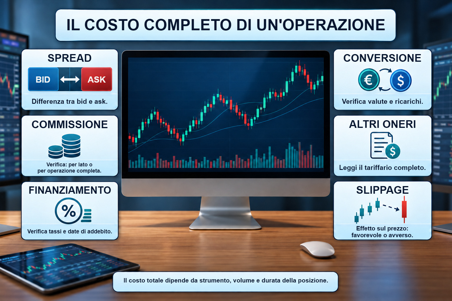 Costi del trading Forex, inclusi spread, commissione, finanziamento e oneri aggiuntivi oltre al prezzo pubblicizzato.