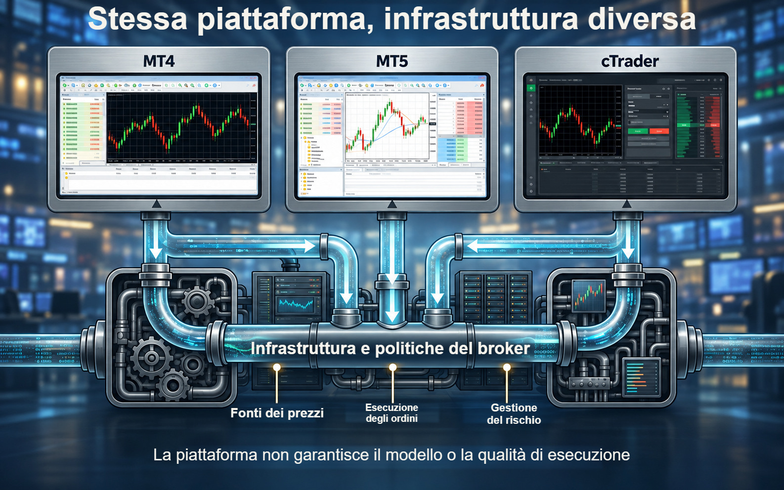 Terminali MT4, MT5 e cTrader sopra l’infrastruttura di prezzi, esecuzione e gestione del rischio del broker.