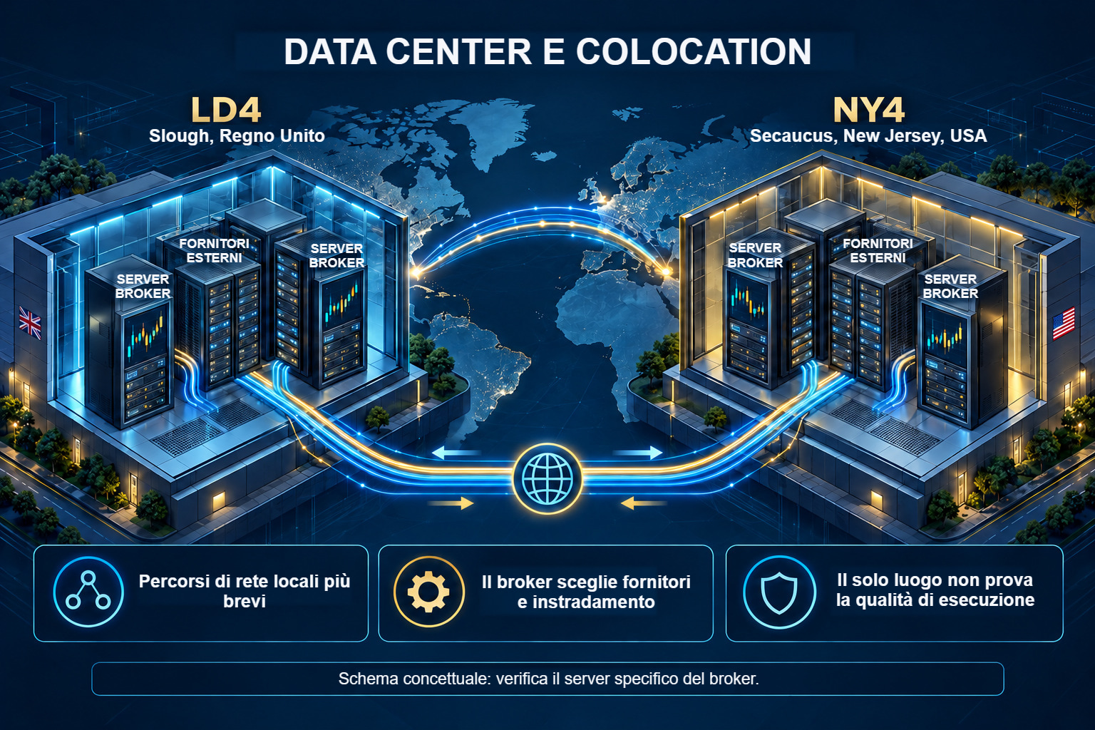 Schema di colocation con LD4 a Slough e NY4 a Secaucus, rack di server e cross-connect locali