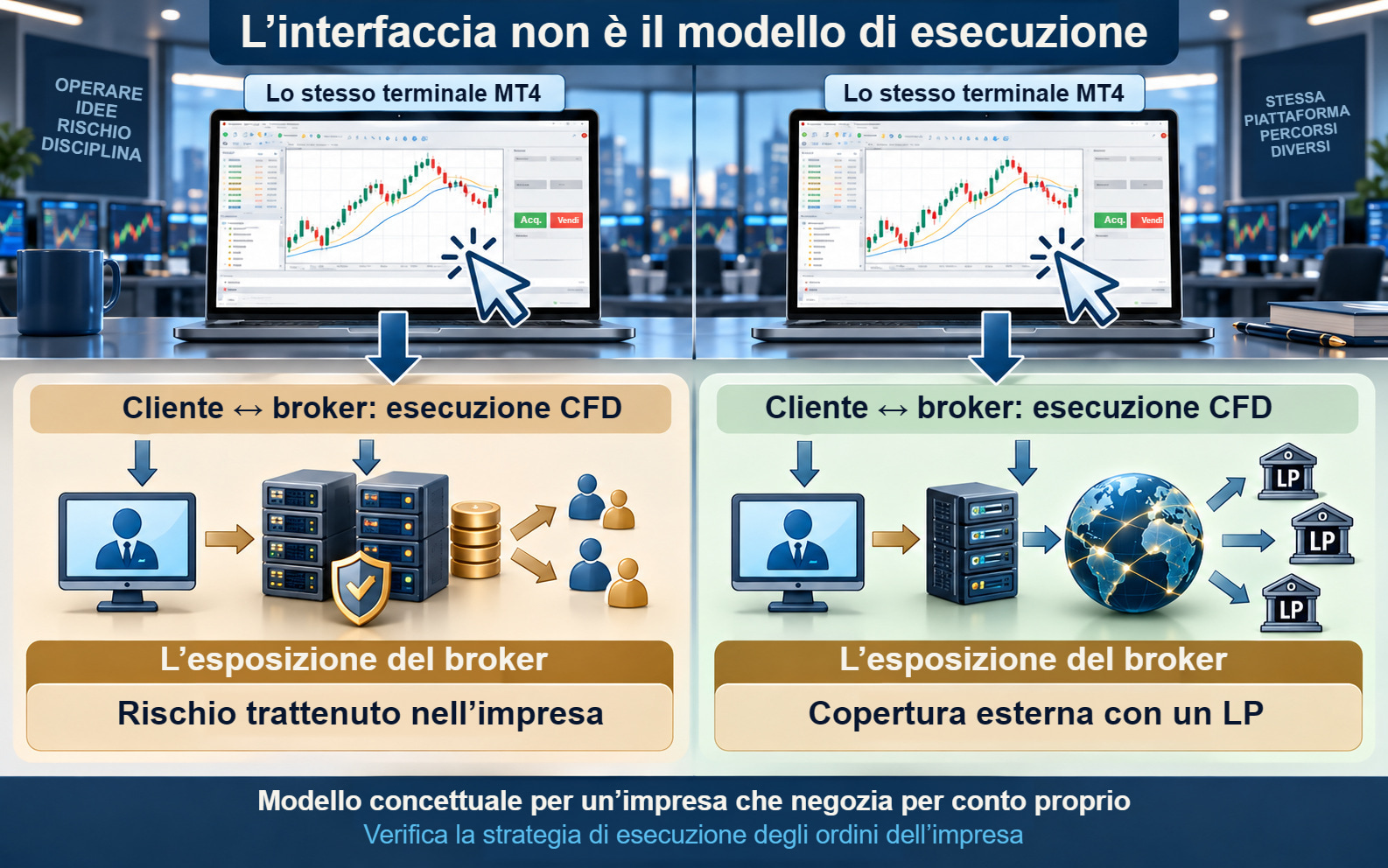 Due terminali MT4 identici con livelli separati per l’esecuzione dei CFD e la gestione dell’esposizione del broker.