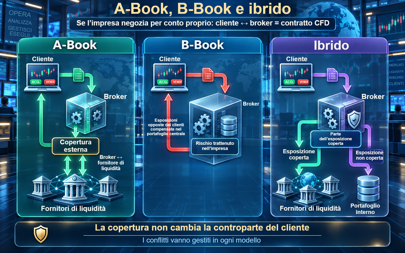 Il cliente stipula un CFD con il broker, che può trattenere l’esposizione, coprirla esternamente o combinare entrambi gli approcci.